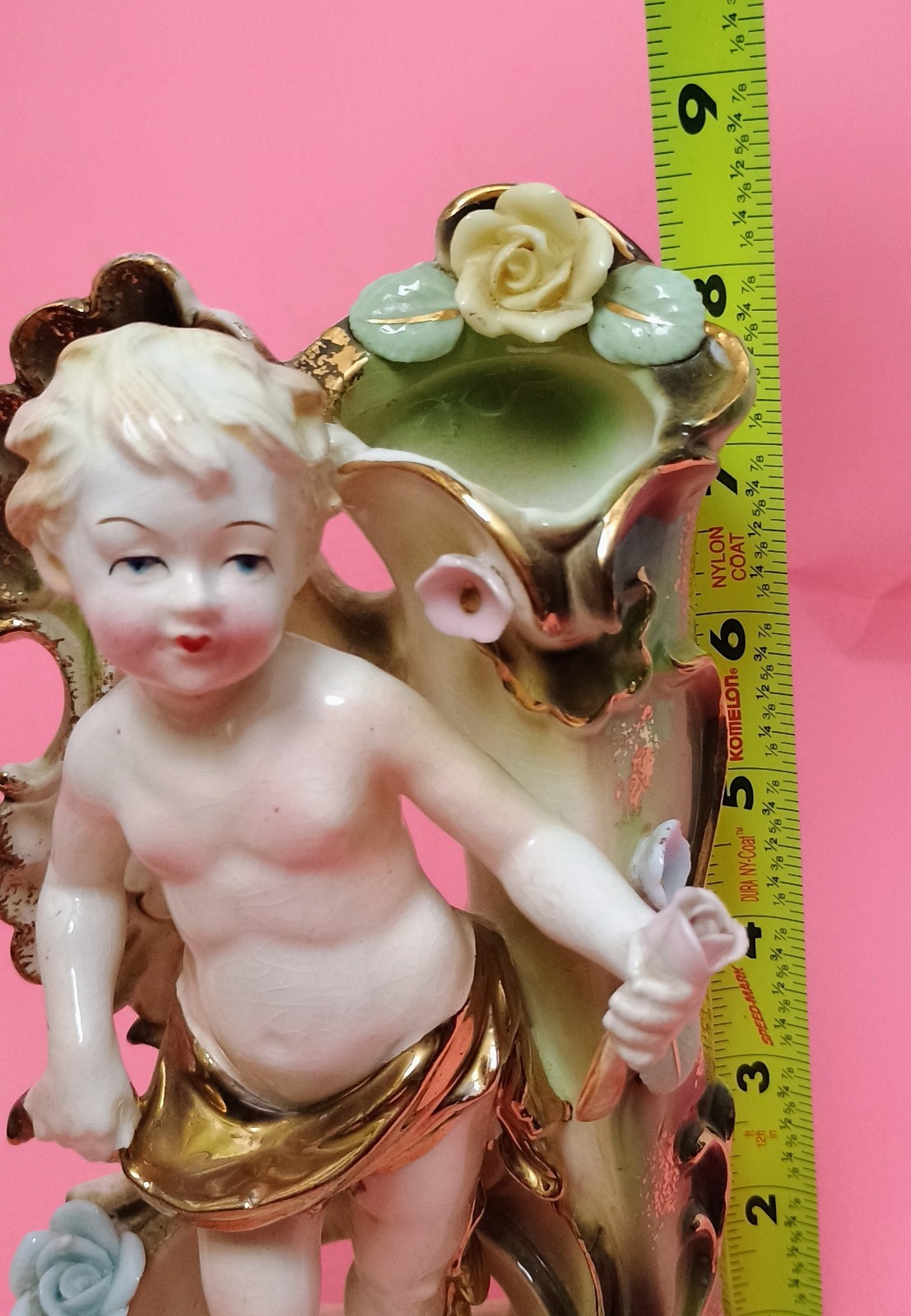 Vintage Bisque Cherub Putti Figurine Vase Hand Painted Porcelain Japan