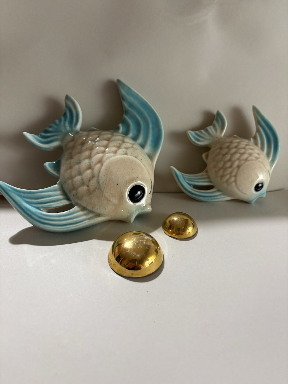 Vintage Ceramic Blue & White Fish Wall Figurines Set of 2, Glazed Nautical