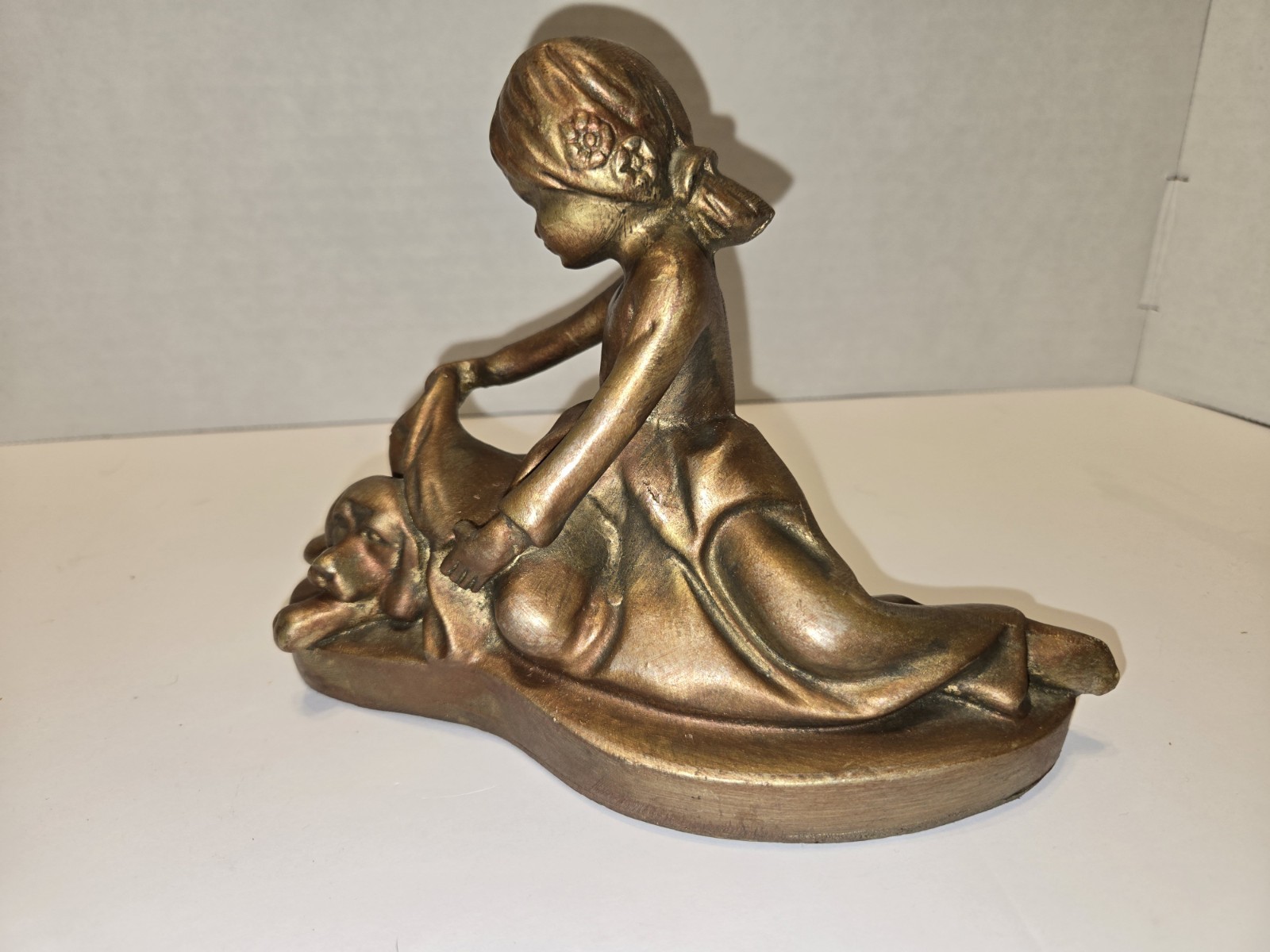Vintage Art Deco Gold Girl Dog Figurine Sculpture Elegant Home Decor 1920s Style