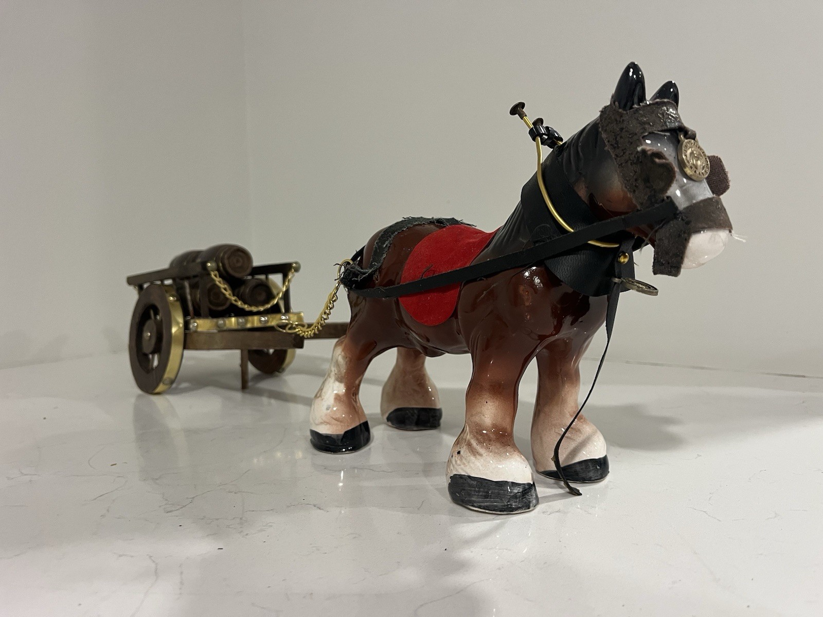 Horse and Cart Ceramic Figurine with Wooden Barrels, Carvings, Brown and White