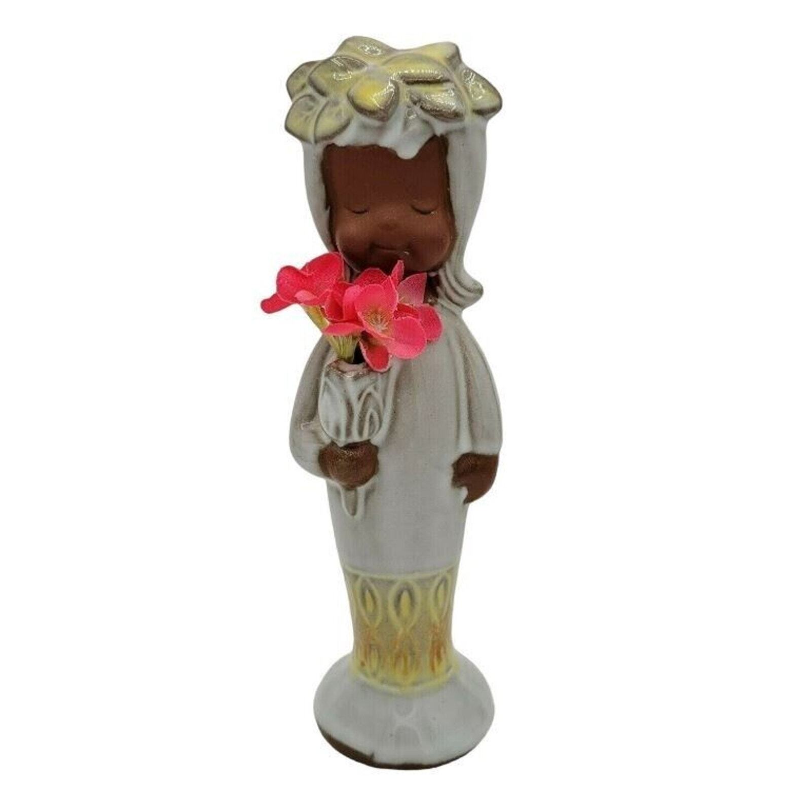 Sweet Angelic Black Brown Figurine Vintage Made in Japan Holding Pink Flowers