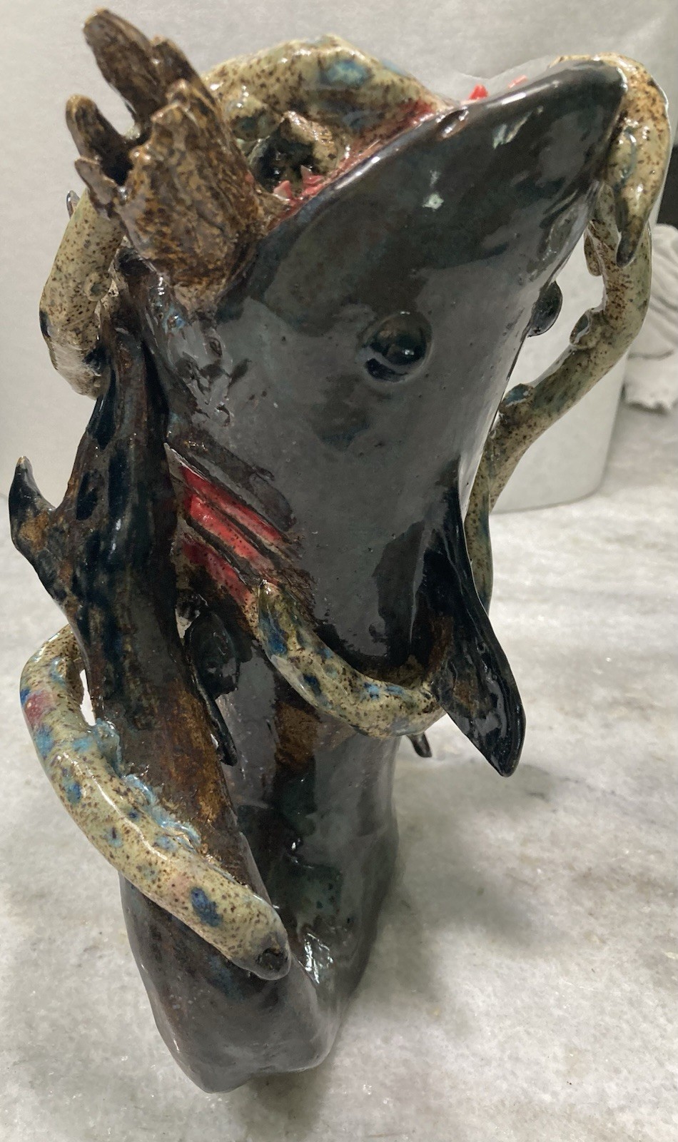Surreal Southern Folk Art Face Jug Monster Shark Eating Octopus Pottery OOAK