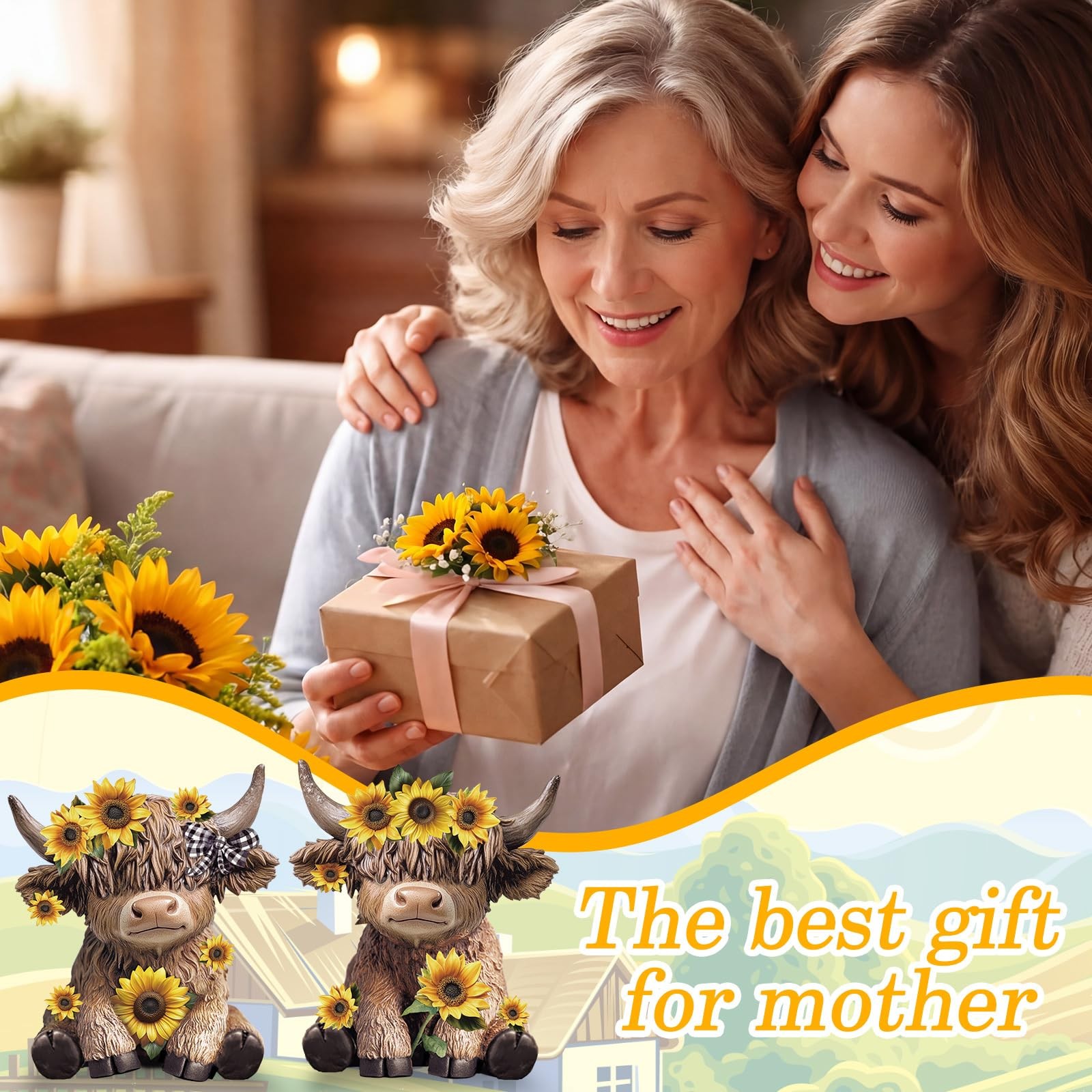 2 Pcs Summer Sunflower Highland Cow Figurines Gifts, Cute Highland Cow Statue…