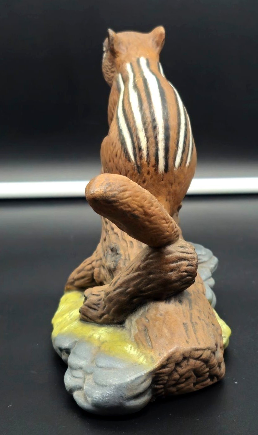 Ceramic Chipmunk On Log Woodland Decor Hand Painted Statue Rustic Wildlife