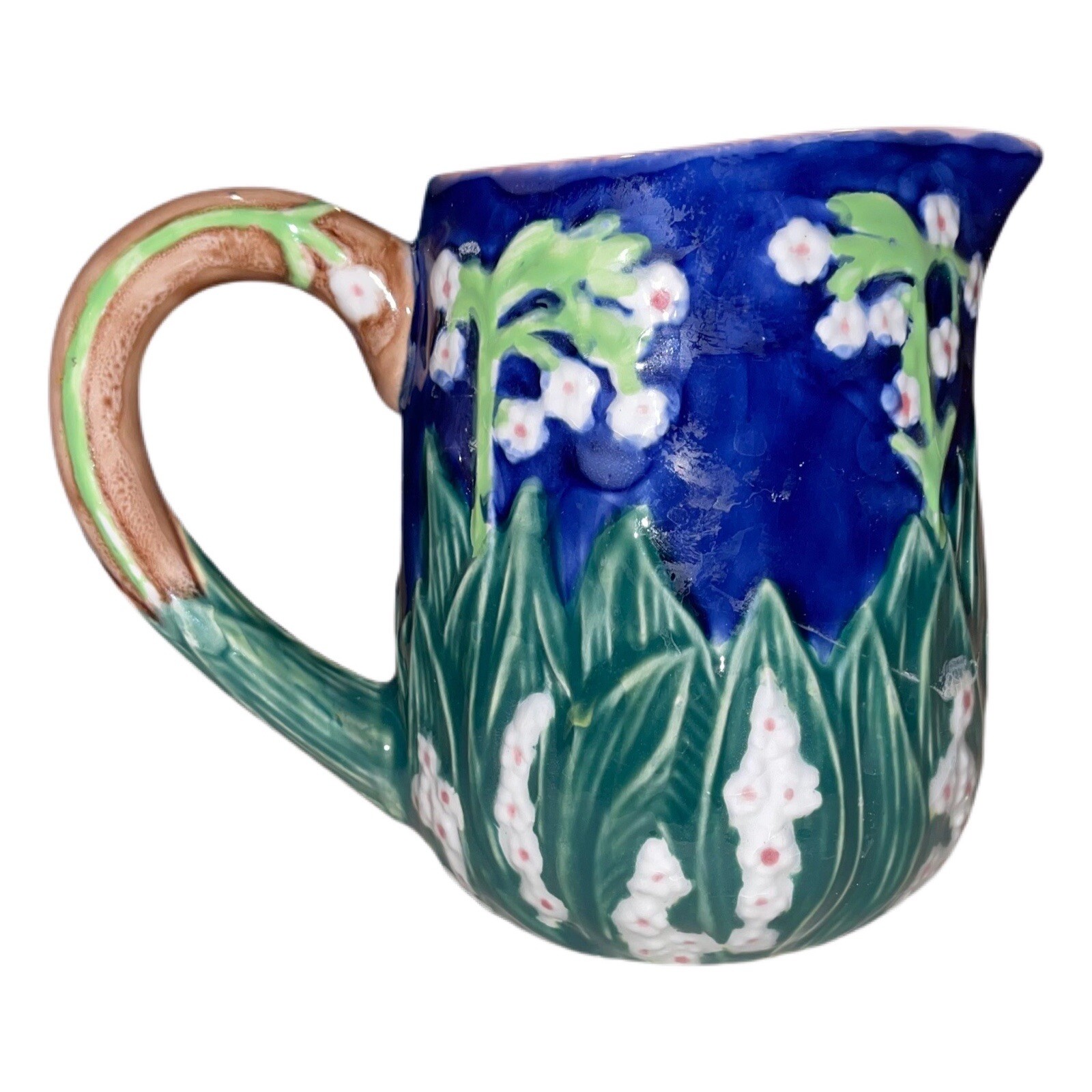 Andrea by Sadek J. Willfred Cream Pitcher Floral Majolica Blue Pink Hand Painted