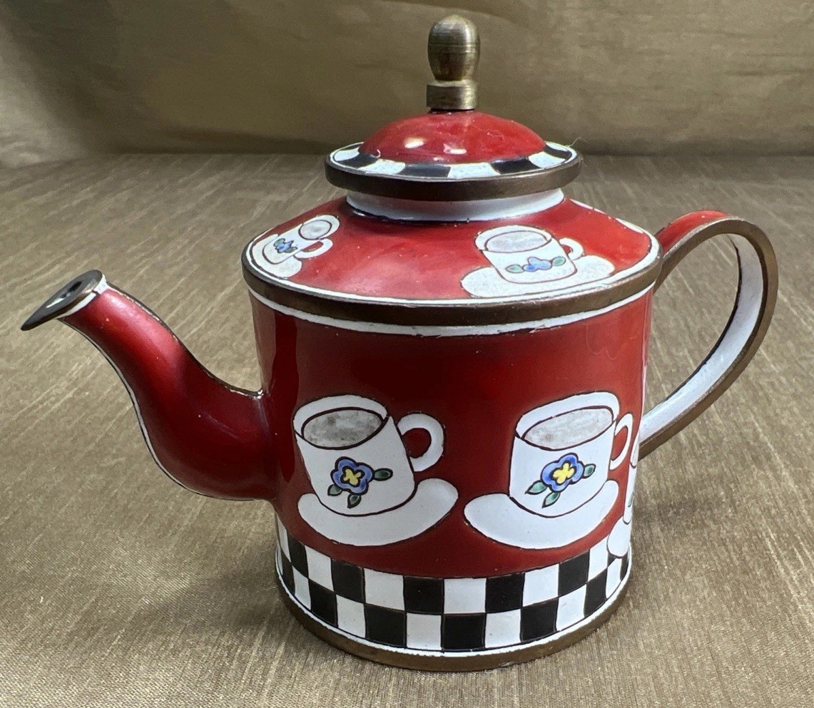 Vintage Kelvin Chen Handpainted Enamel Teapot Red with Black and White Checkers