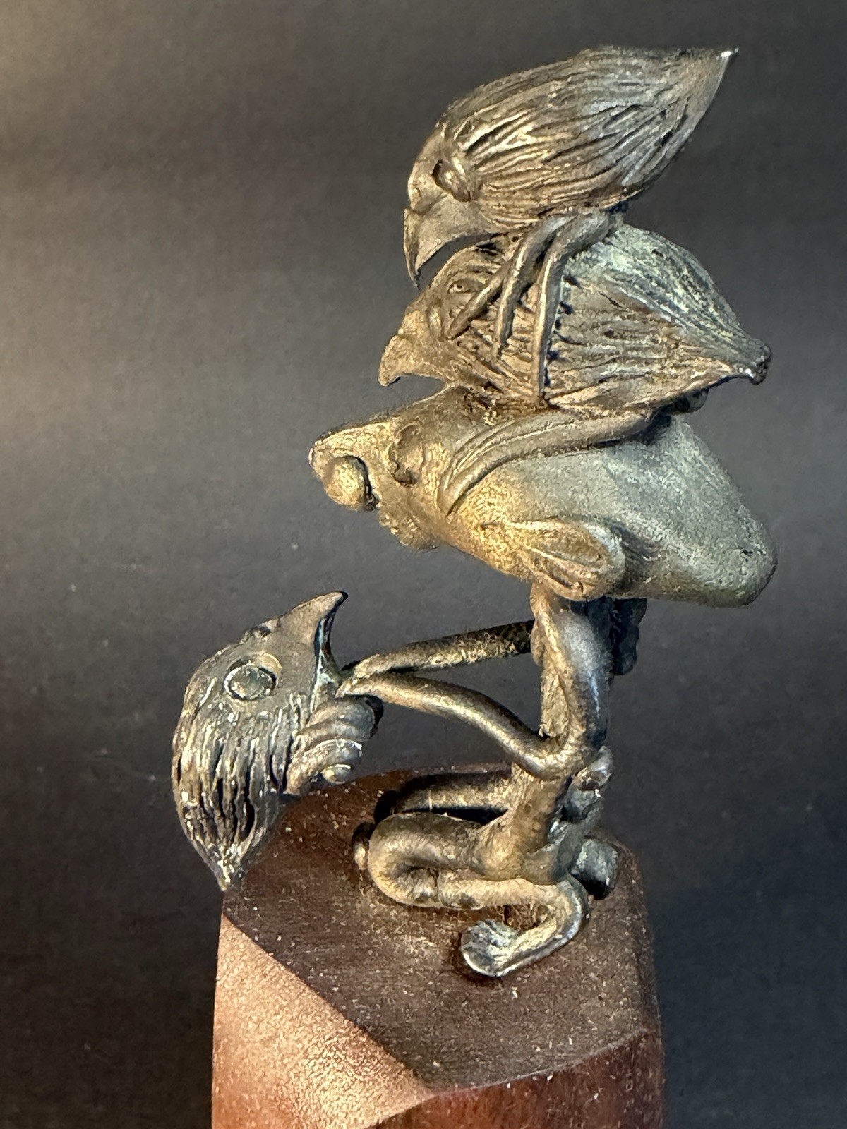 Unusual Sculpture Totem 5.25” Tall Metal On Wood Base Kiwi Birds & Figure