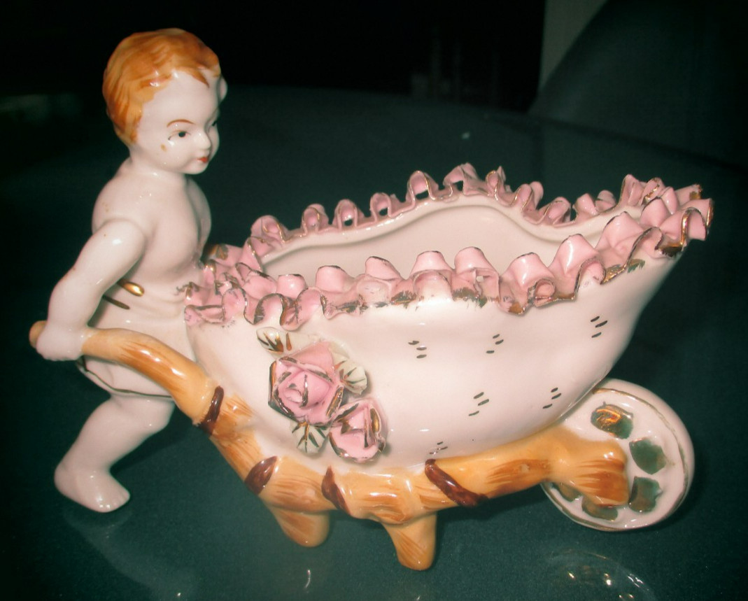 Vintage Boy Cherub Pushing Basket with Flowers and Ribbon MIJ