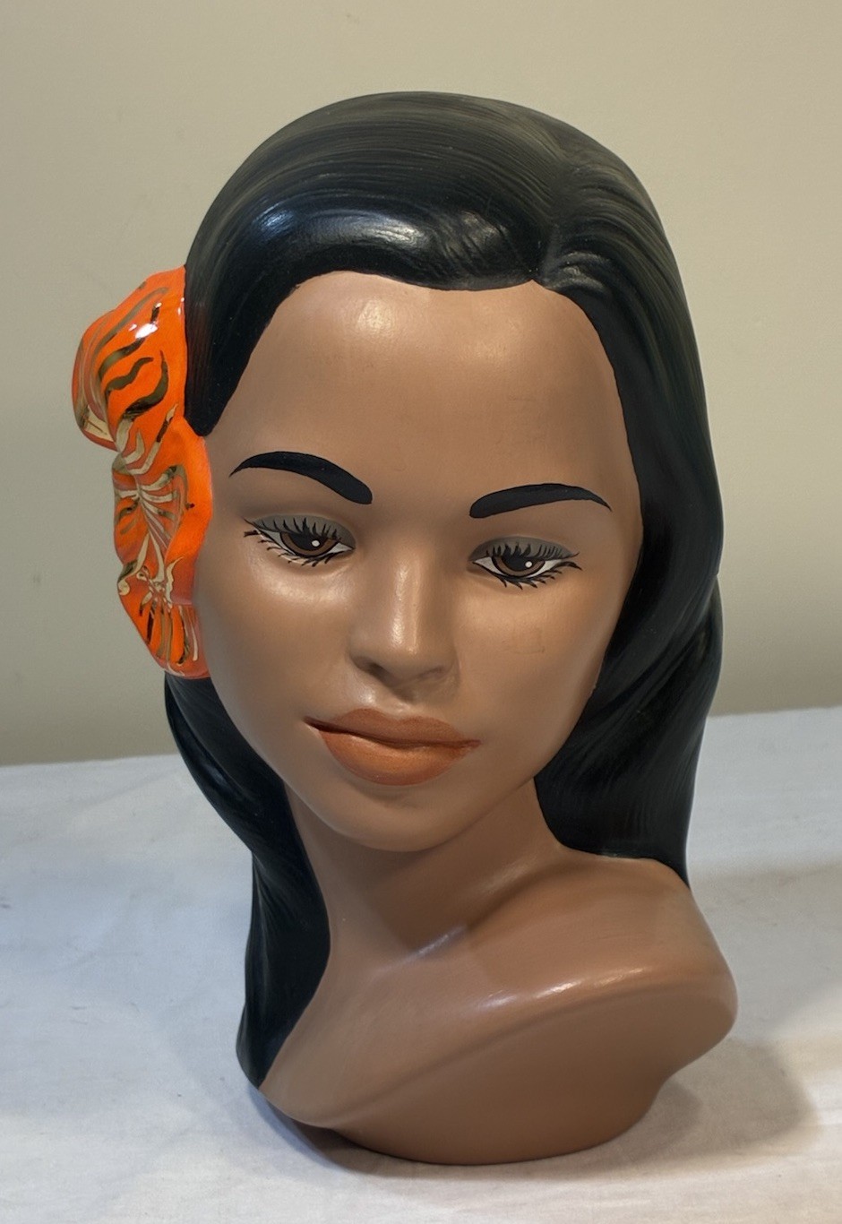 Vintage Marwal Chalkware Hawaiian Polynesian Hula Woman Head Bust Statue Signed