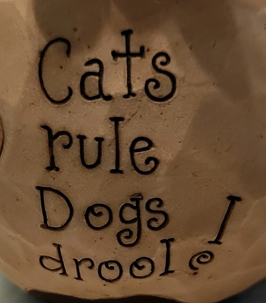 Small Painted Resin Cat Figurine w/ Star Pick & Bow Tie, “Cats rule Dogs drool!”