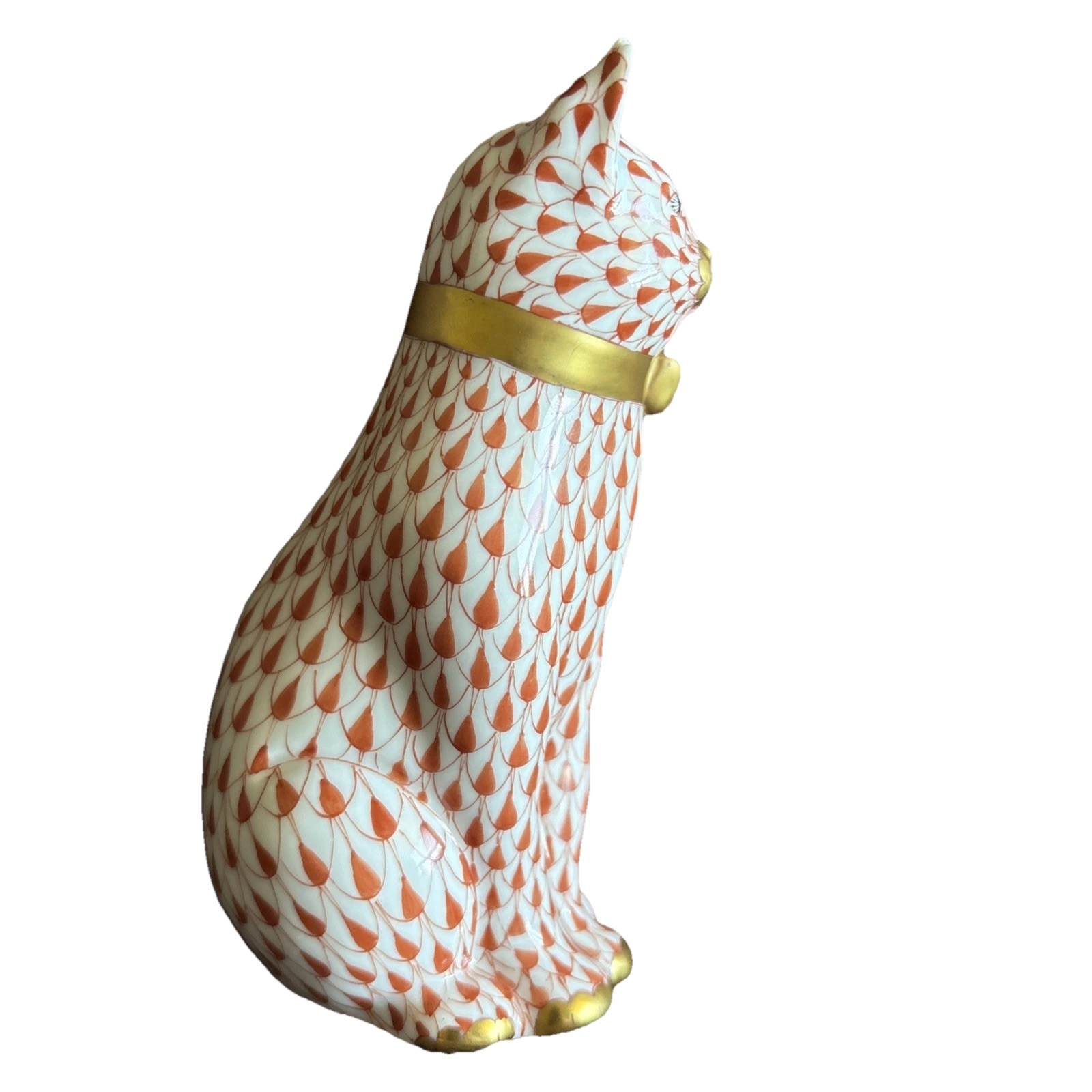 Herend Porcelain Fishnet Orange Sitting Cat with Gold Bow Figurine *Chipped Ear