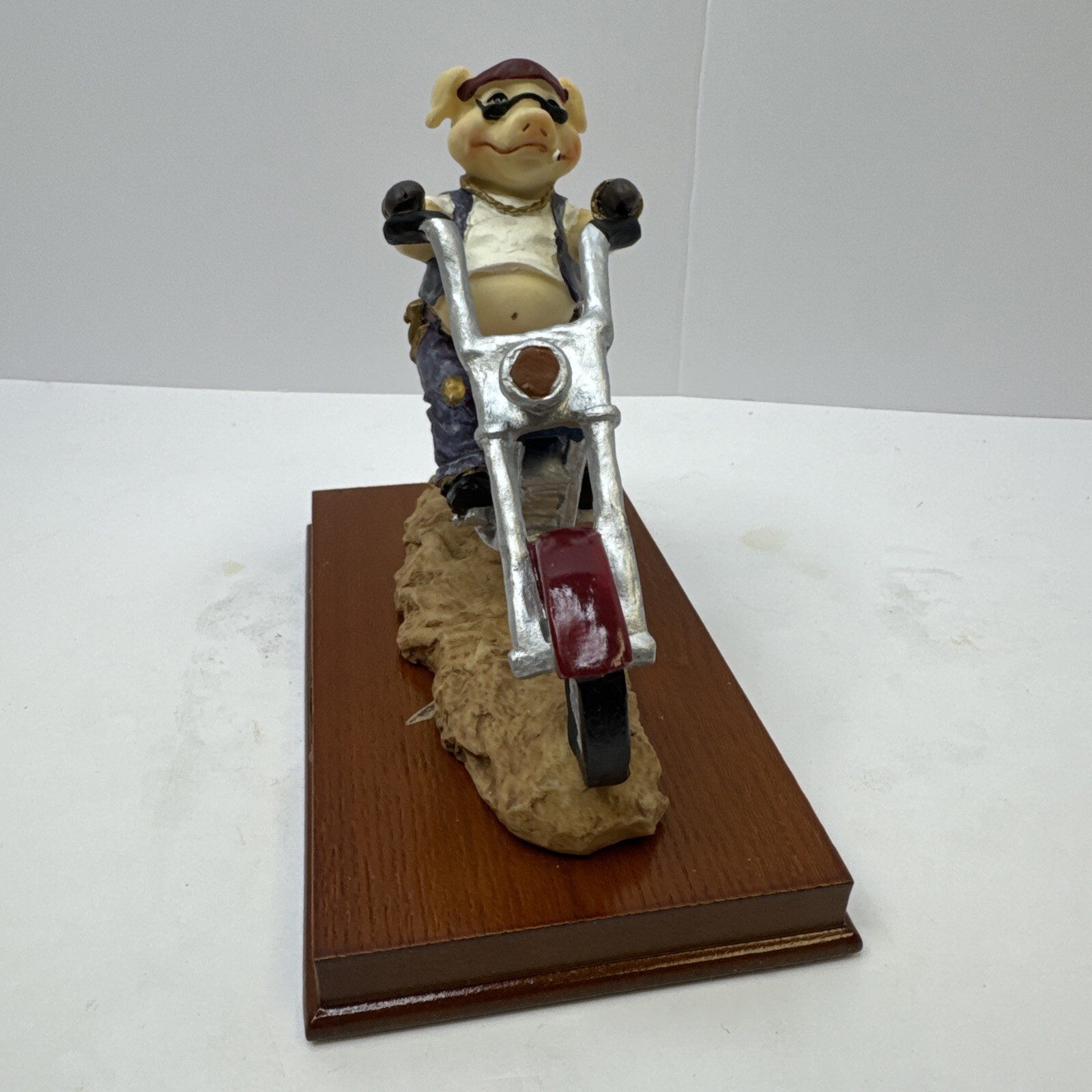 All American Hog On A Motorcycle Harley Davidson Figurine Statue Wood Base Box