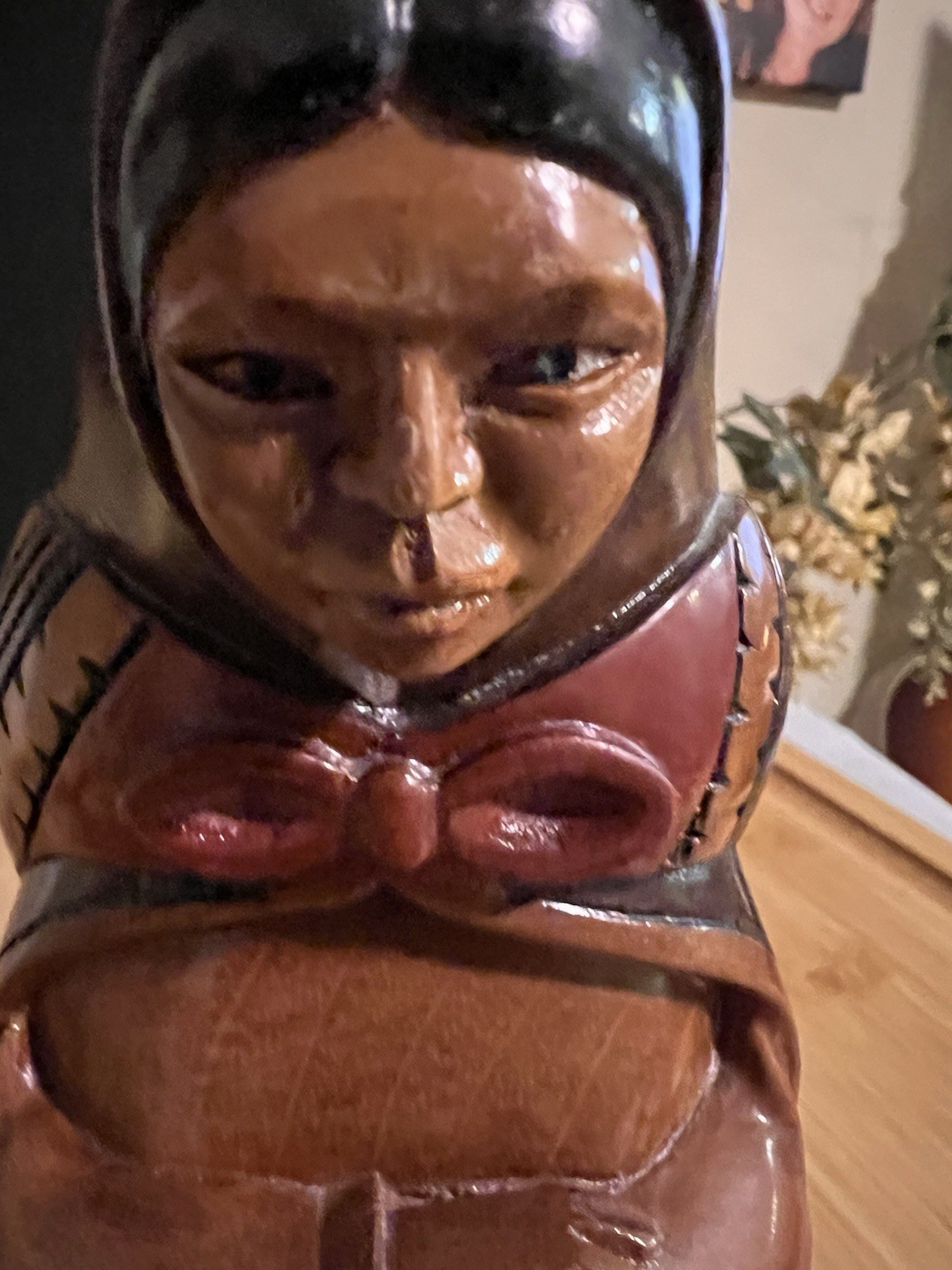 Vintage Hand-Carved Wooden Woman Figurine Traditional Stained Brown Black Red