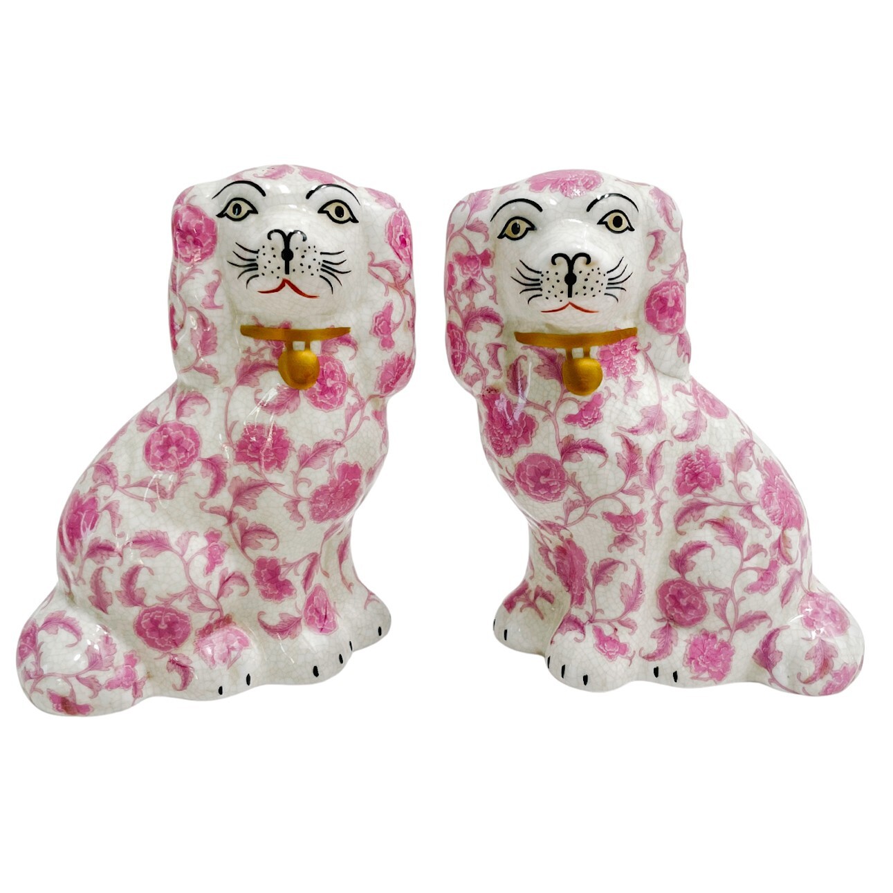 Pink Floral Staffordshire Dogs Spaniel Mantel Dog Figurines 5.75″H NEW