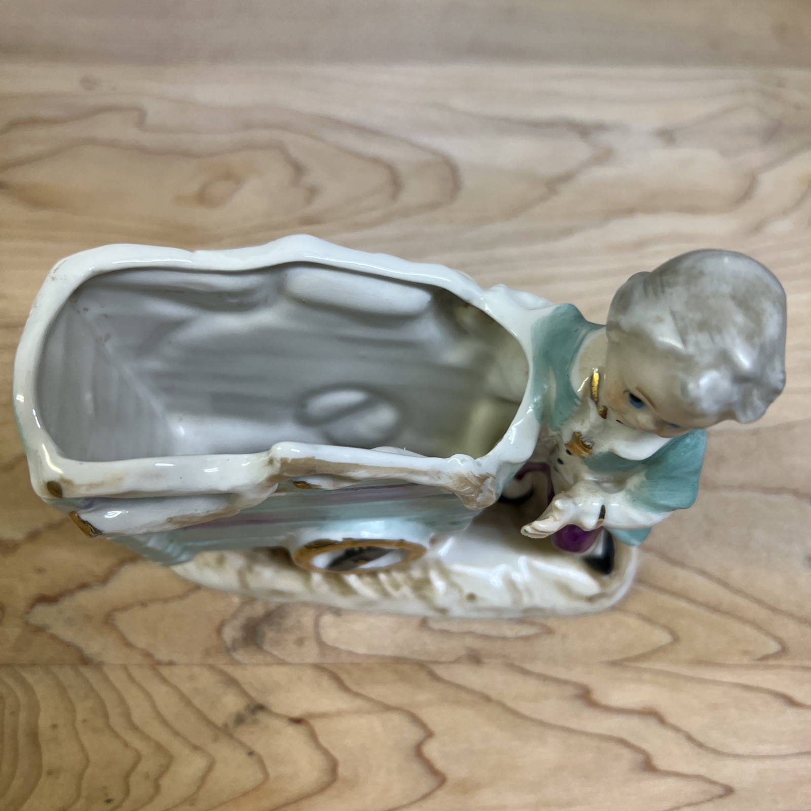 Vintage UCAGO 1950s Porcelain Figurine Vase #1352 Hand Painted Boy Pushing Cart