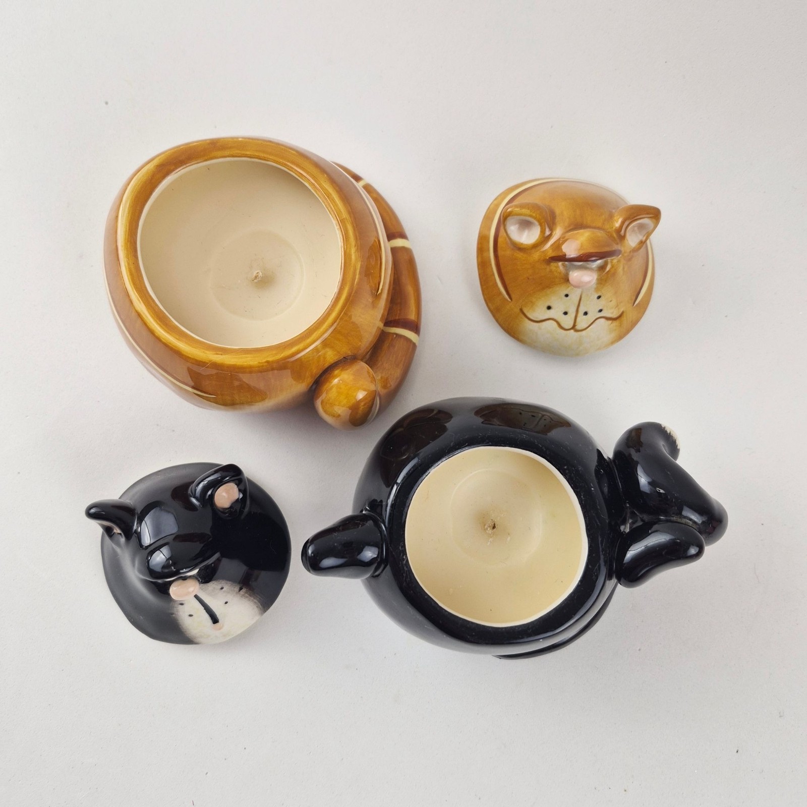2 Vintage Russ Berrie Douglas Whimsical Cat Ceramic Candle Holders Trinket Boxes