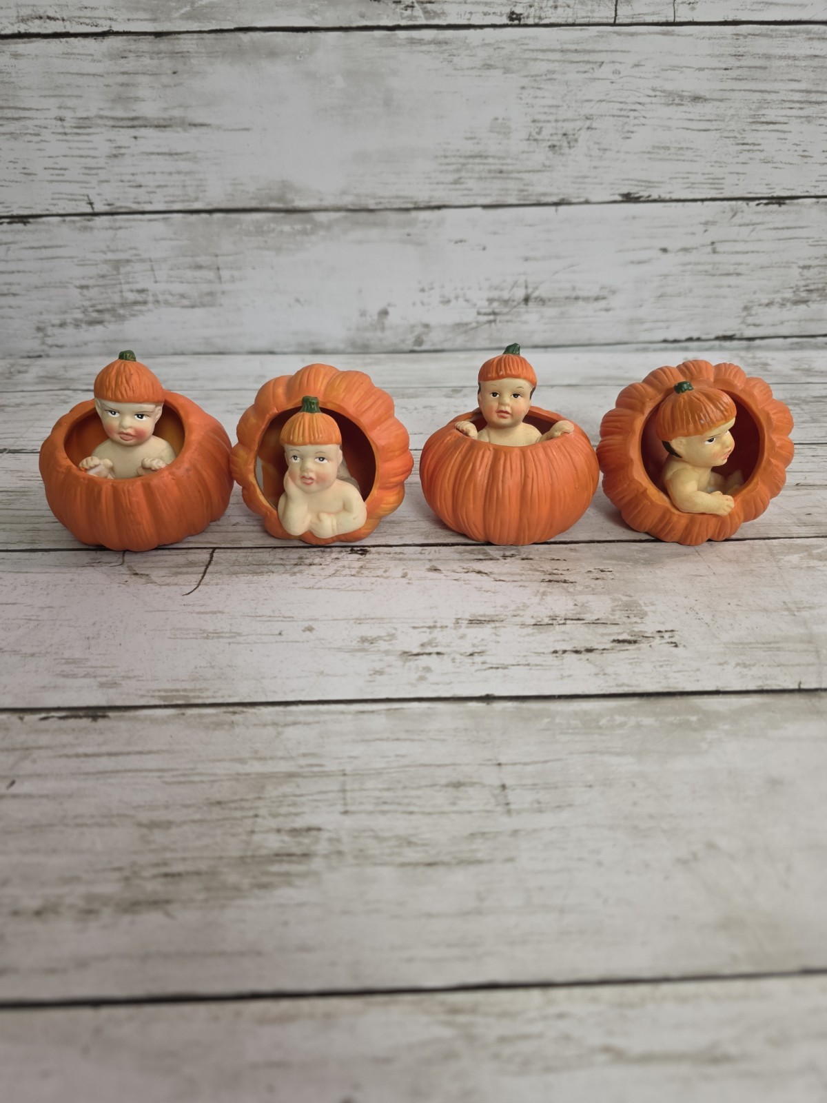K’s Collection 4 Ceramic Fall Thanksgiving Babies In Pumpkins Figures Autumn Vtg