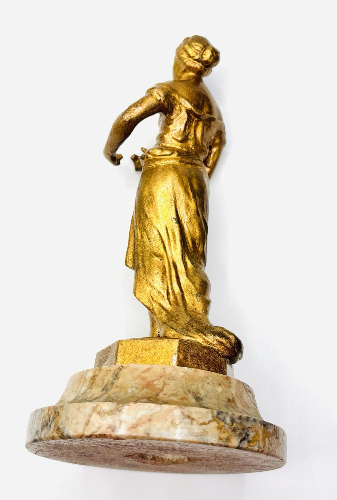 Enameled Metal Peasant Lady Decorative Figurine With Marble Base -thumb As Is
