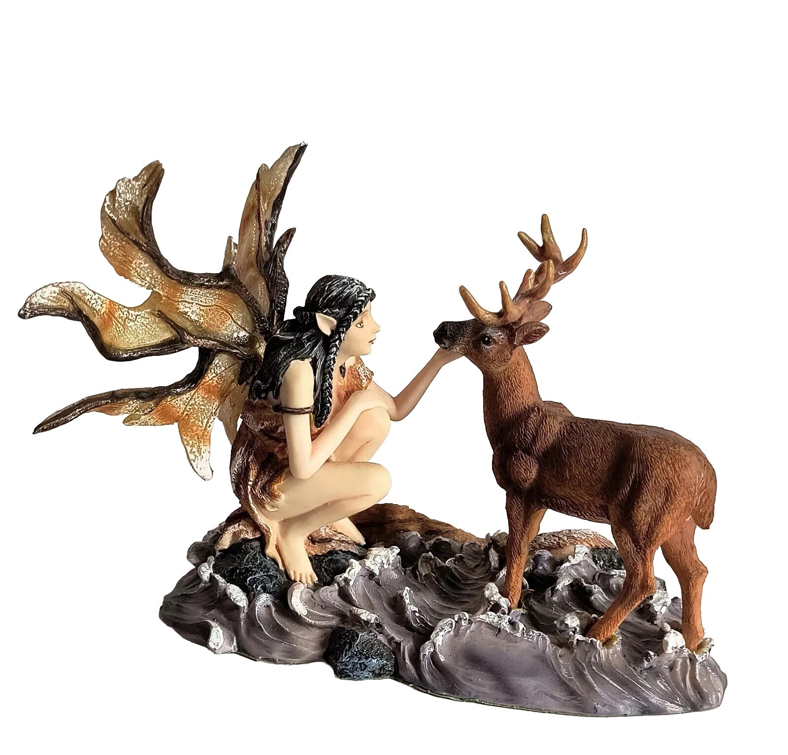 Winged Fairy & Big Buck Deer Figurine Statue for Fairy Garden 6″ NIB