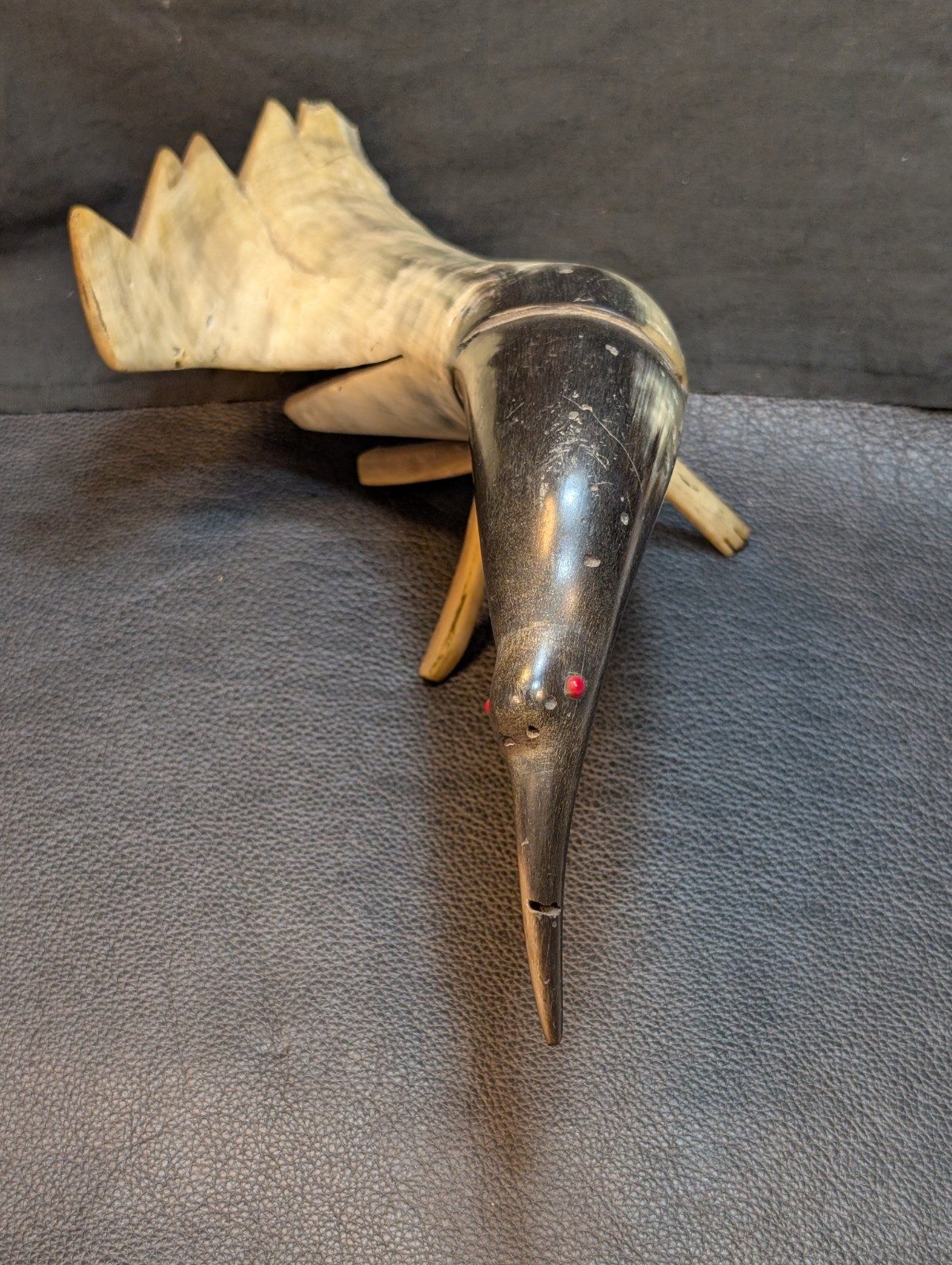 Folk Art Ox/Steer Horn Bird Mid Century Hand Carved Large 13.5in Horn