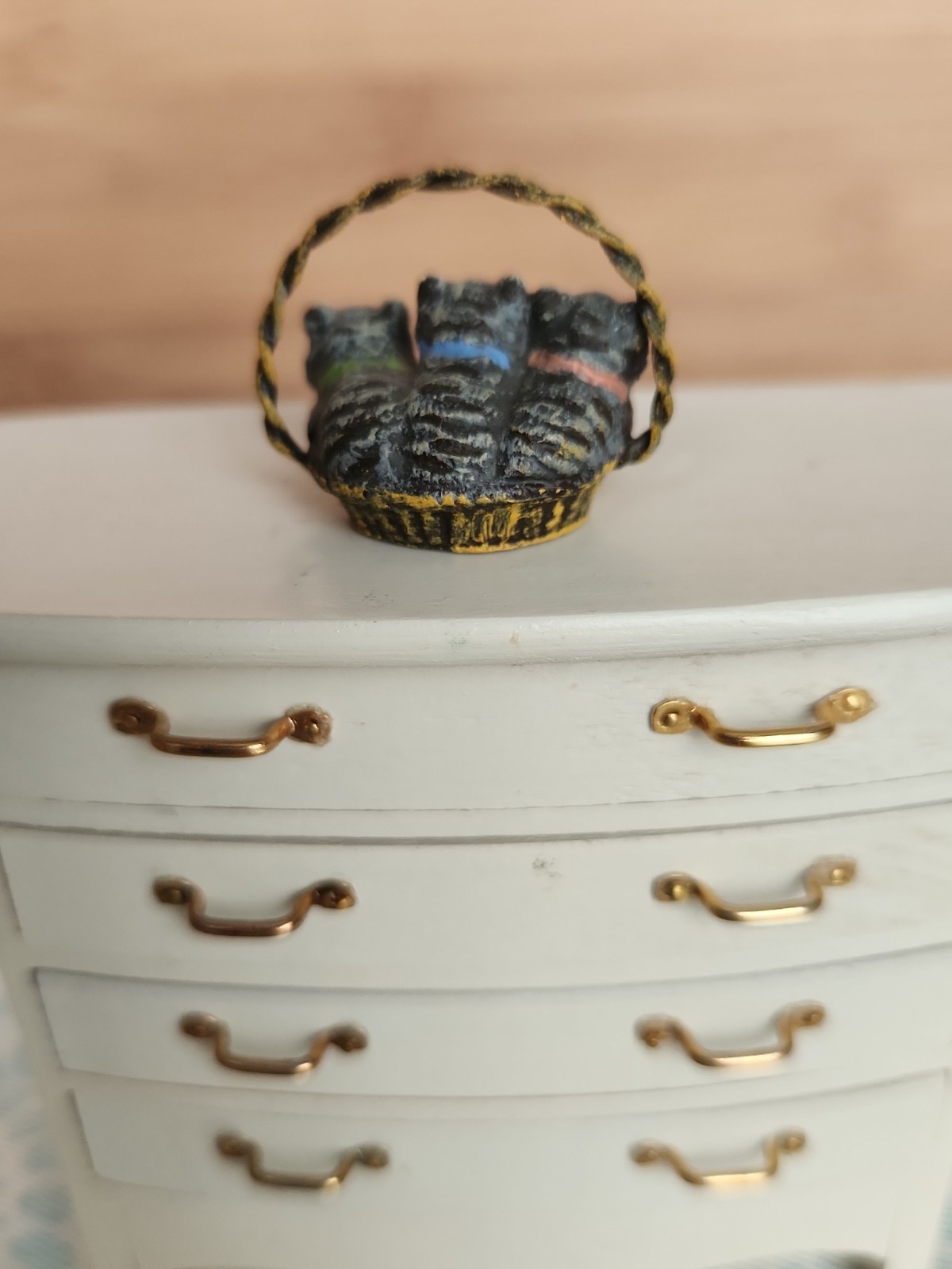 Viennese bronze miniature basket of three kittens Dollhouse Size Artisan