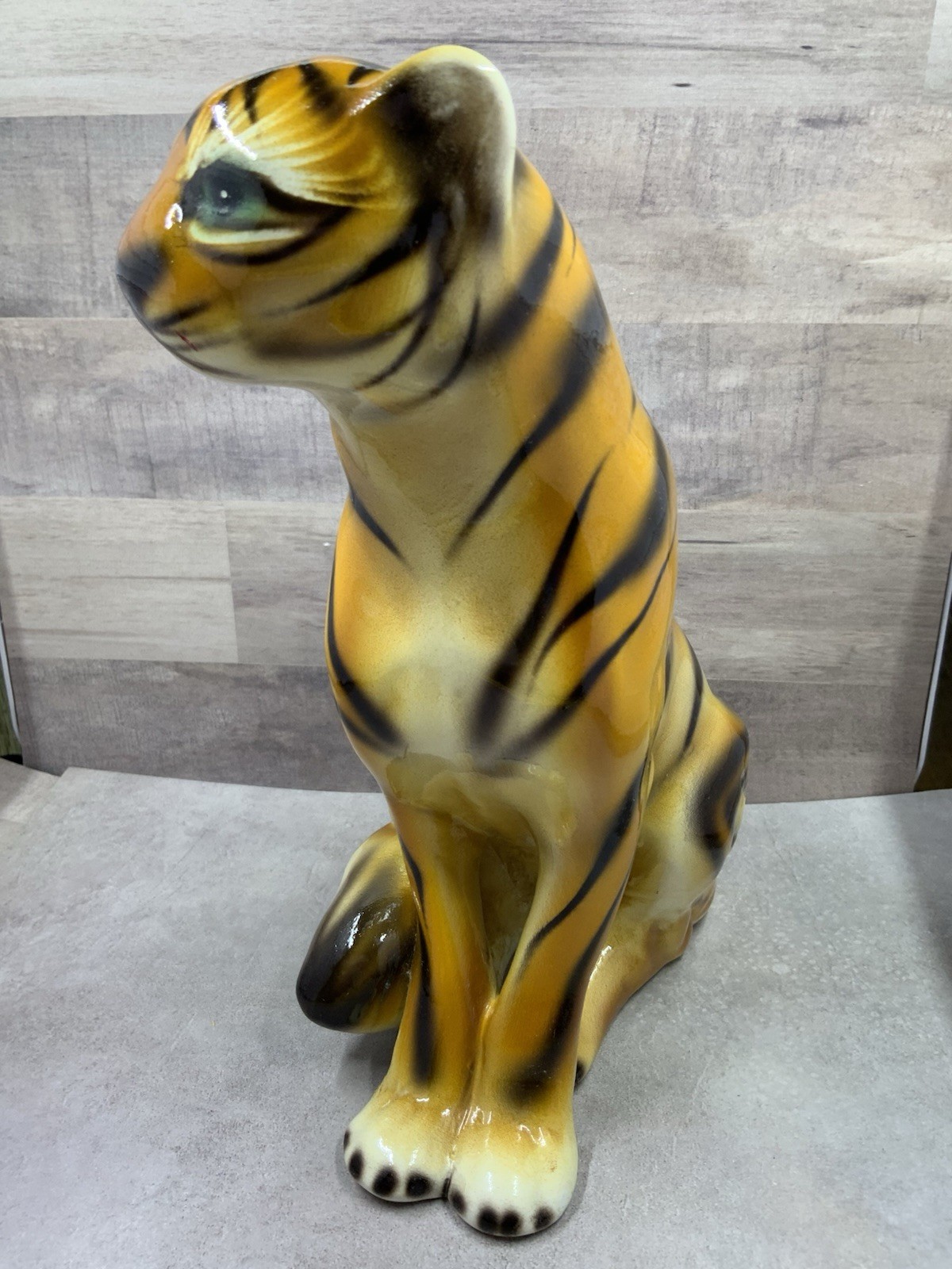 Vintage Large Seated Ceramic Tiger Statue 9.5” C.L.F Faiancas Alcobaca Portugal