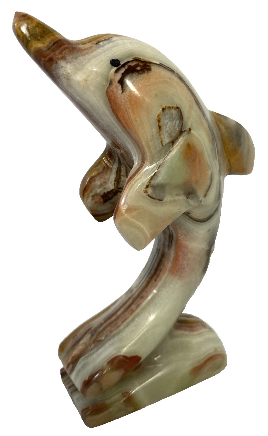 Hand Carved Banded Stone Onyx Dolphin Figurine Cream Brown Polished Statue