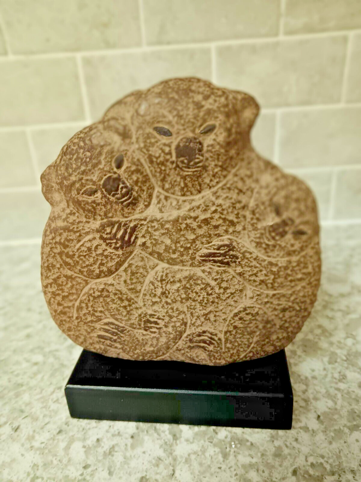 Koala Bears Mom Dad & Baby Carved Stone Art Figurine Artist Signed