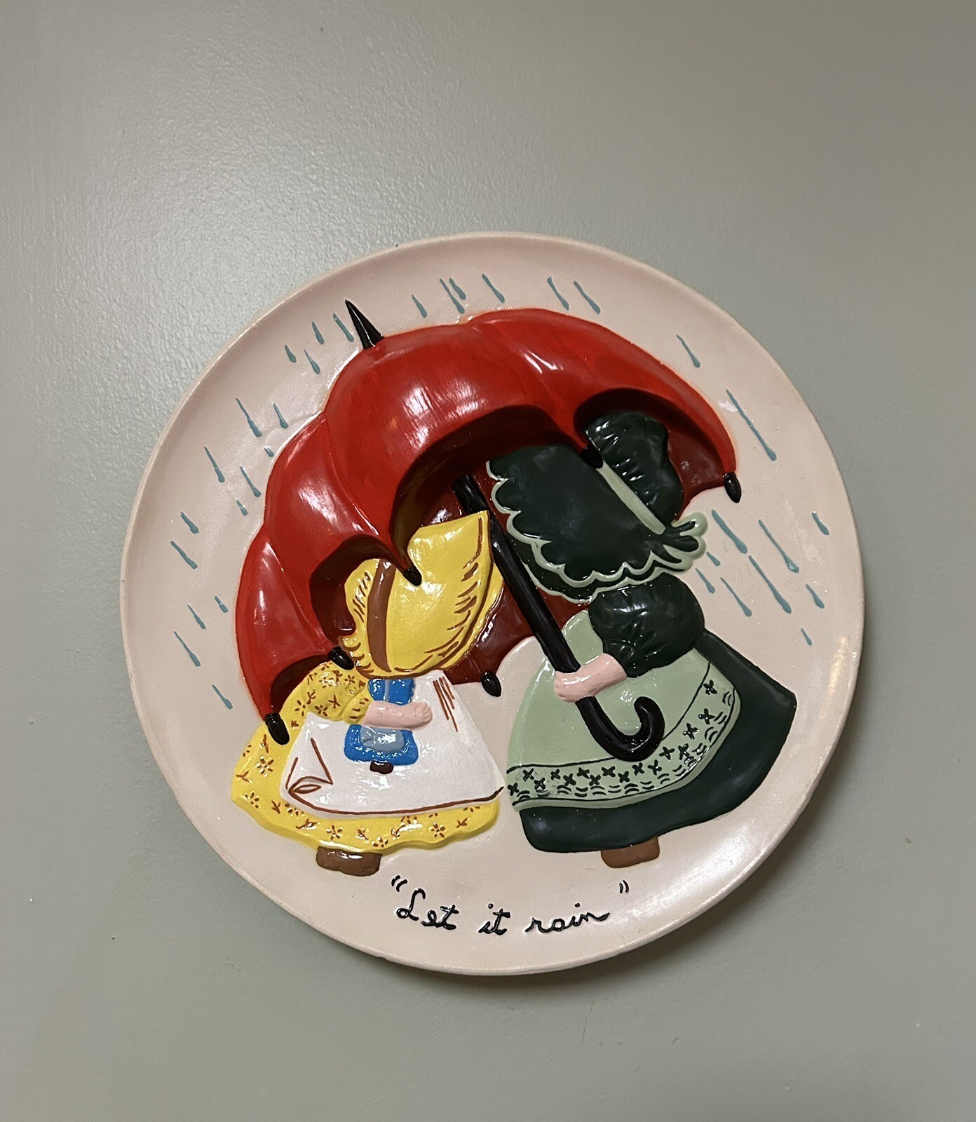 Adorable & Vibrant Vintage BYRON MOLDS “Let It Rain” Wall Art Plate Red Umbrella