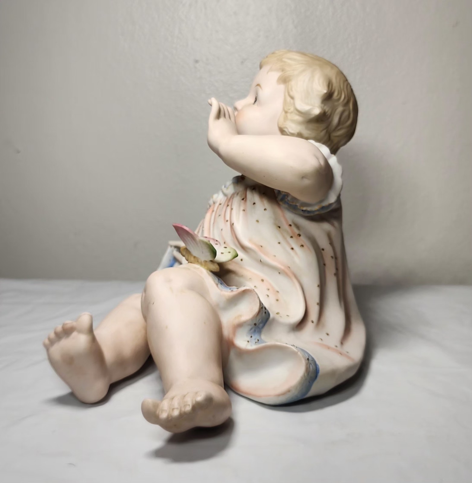 Mid-Century Andrea by Sadek Bisque Porcelain Piano Baby Figurine Girl Butterfly
