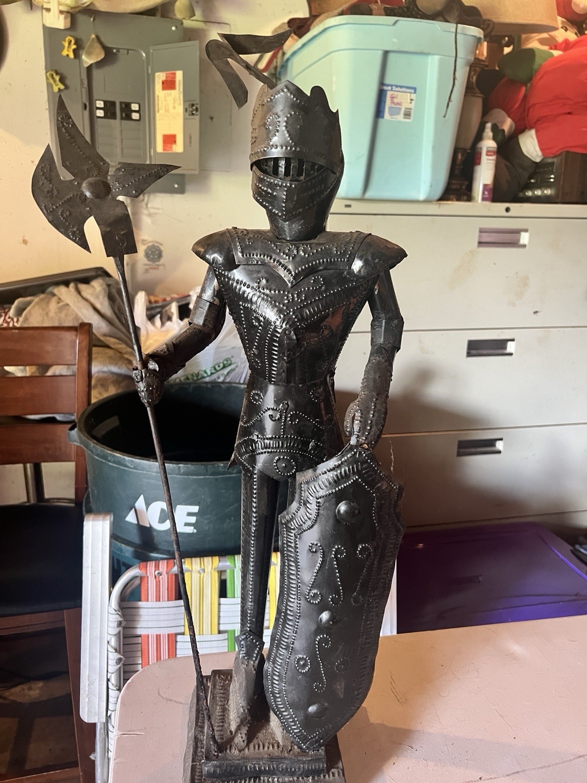 Vintage HandmadeHaitianSteel Knight Sculpture Statue 24” Folk Art Medieval Armor