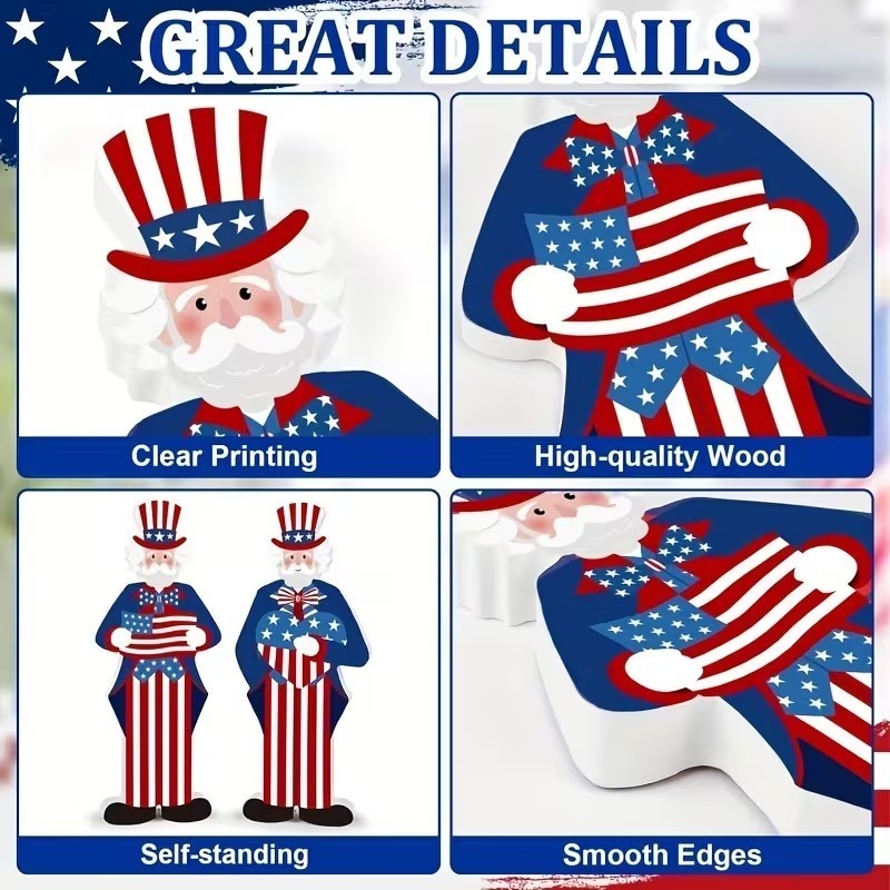 4th of July Wooden Uncle Sam Tabletop Decor 8″ – 2 Piece Set