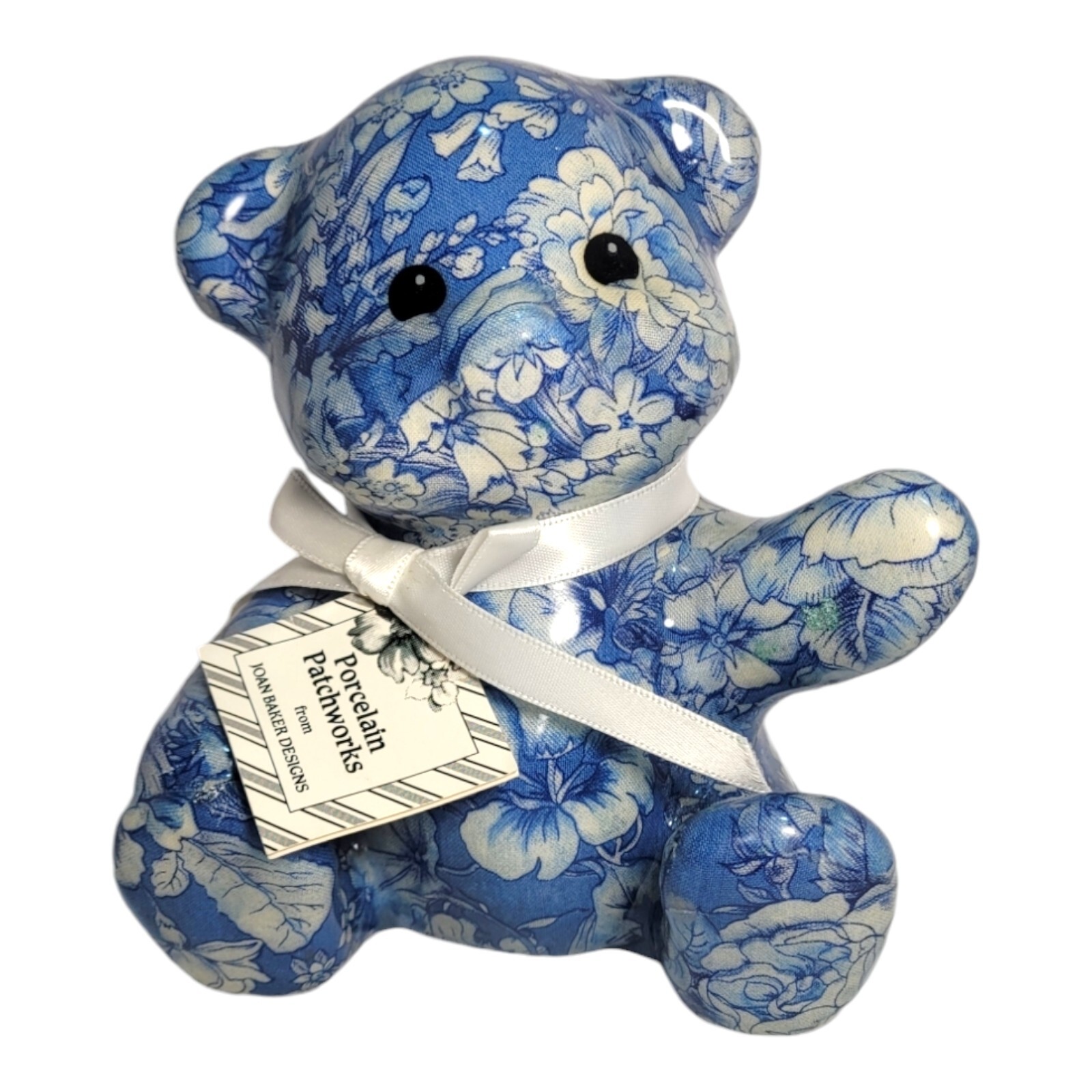 Vintage Porcelain Patchworks Joan Baker Designs Teddy Bear Blue Floral Design