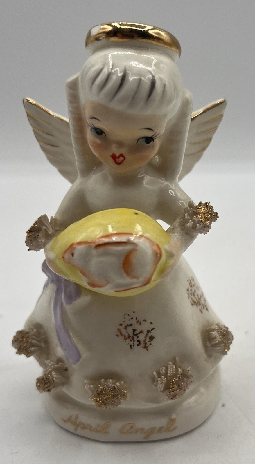 Napco 1956 April Angel Figurine w/ Egg Bunny Spaghetti Trim Japan 1294 AS IS