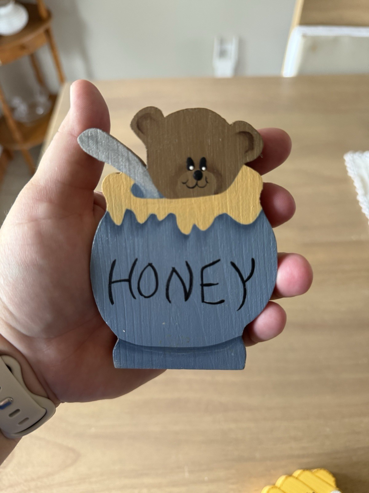 Vintage Wooden Honey Bear & Beehive Figurine Set – Blue and Yellow