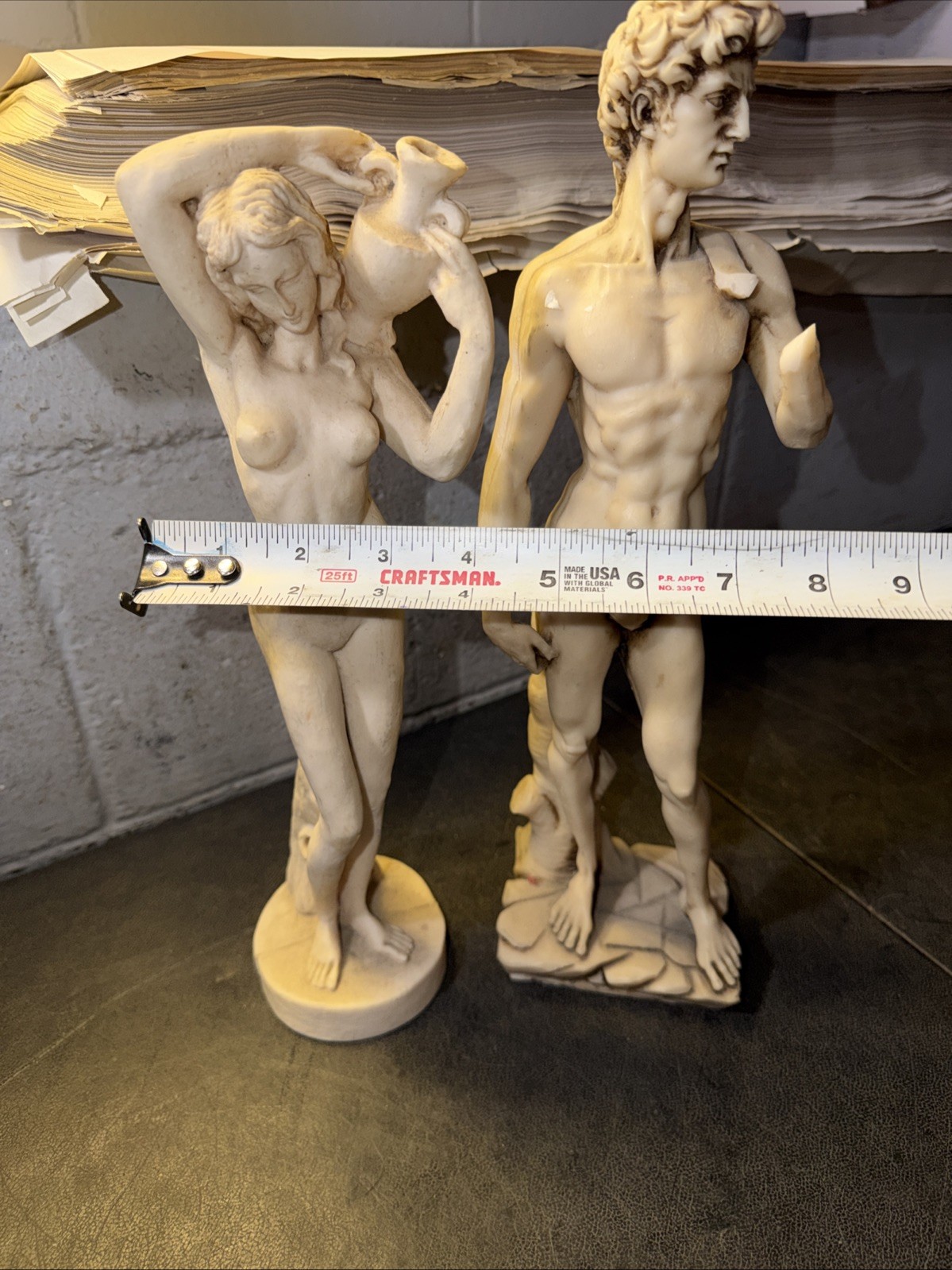 2 Statue Sculptures Michelangelo David & Nude Woman w/ Wine Jug Figurine -BROKEN