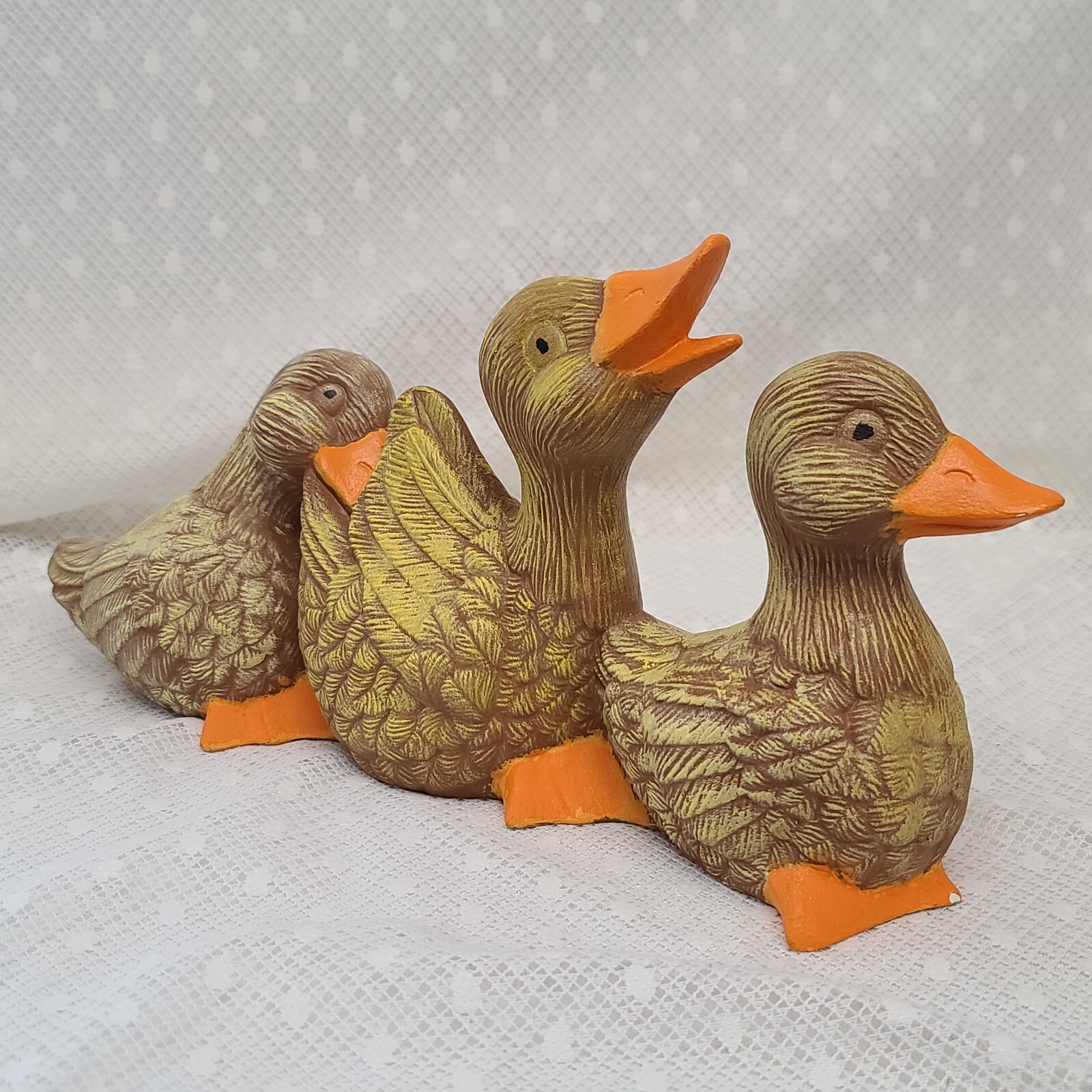 Vintage MCM Mid Century Ceramic Mold Line of Ducks Brown & Orange Figurine 13″