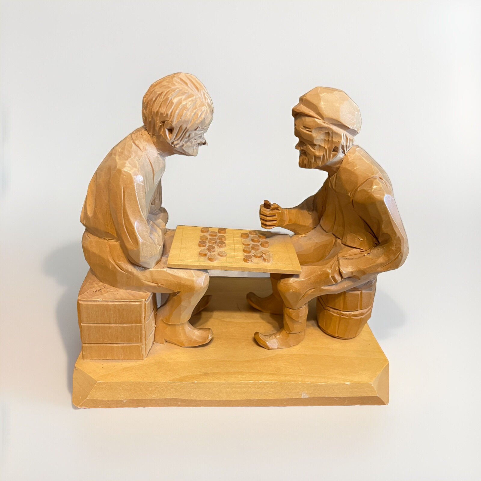 Vintage Mini Signed D. Daigle Hand Carved Wood Men Playing Checkers Canadian