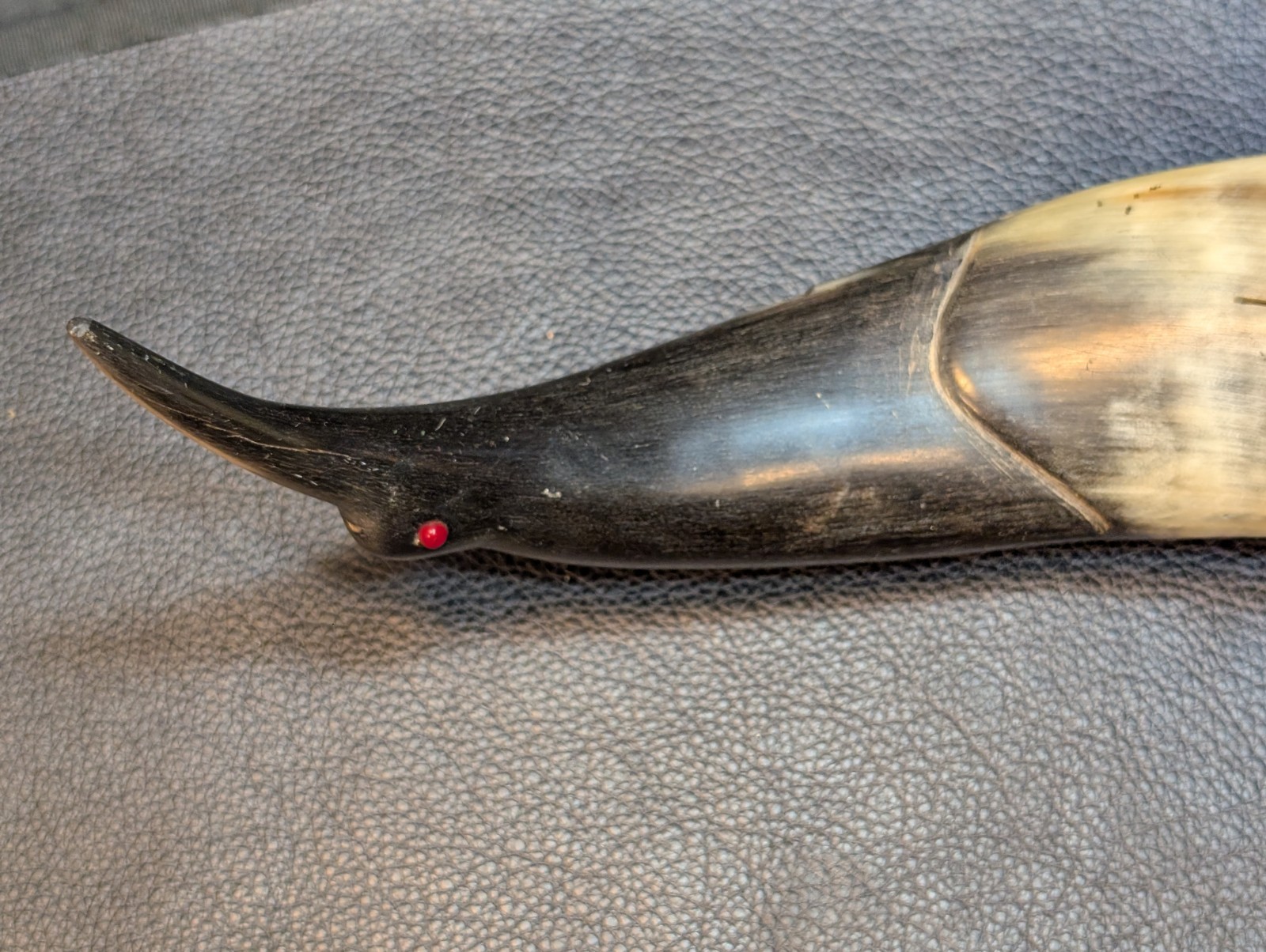 Folk Art Ox/Steer Horn Bird Mid Century Hand Carved Large 13.5in Horn