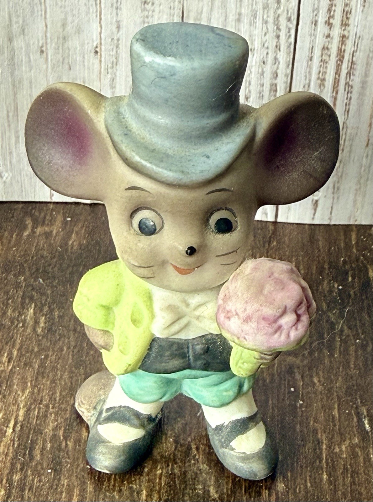 Vintage Porcelain Mouse With Black Top Hat Green Suit Holding Bouquet of Flowers