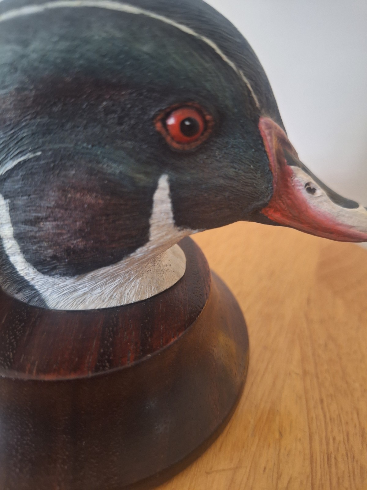 Hai Feng Ma hand carved and painted duck head bust on wooden base with signature