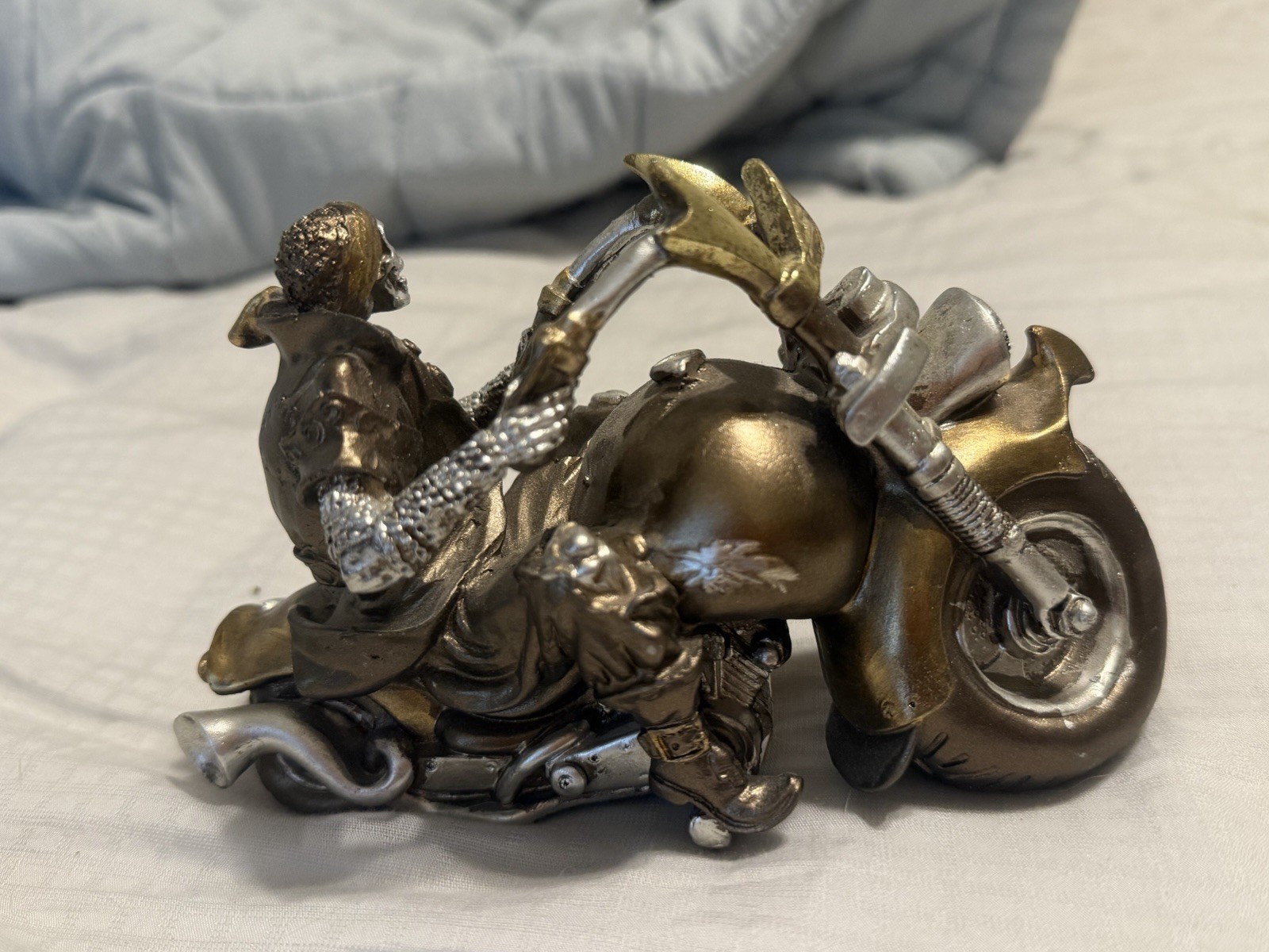 Bronze Silver Metal Skeleton Motorcycle Figurine Sculpture Fantasy Theme