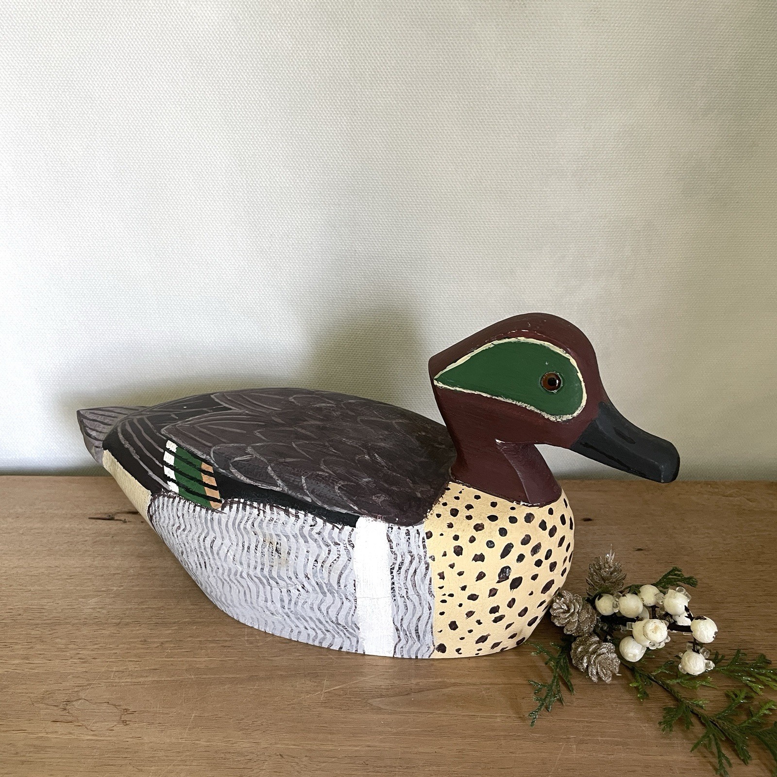 Vintage Wooden Hand Carved Duck Decoy Signed Glass Eyes