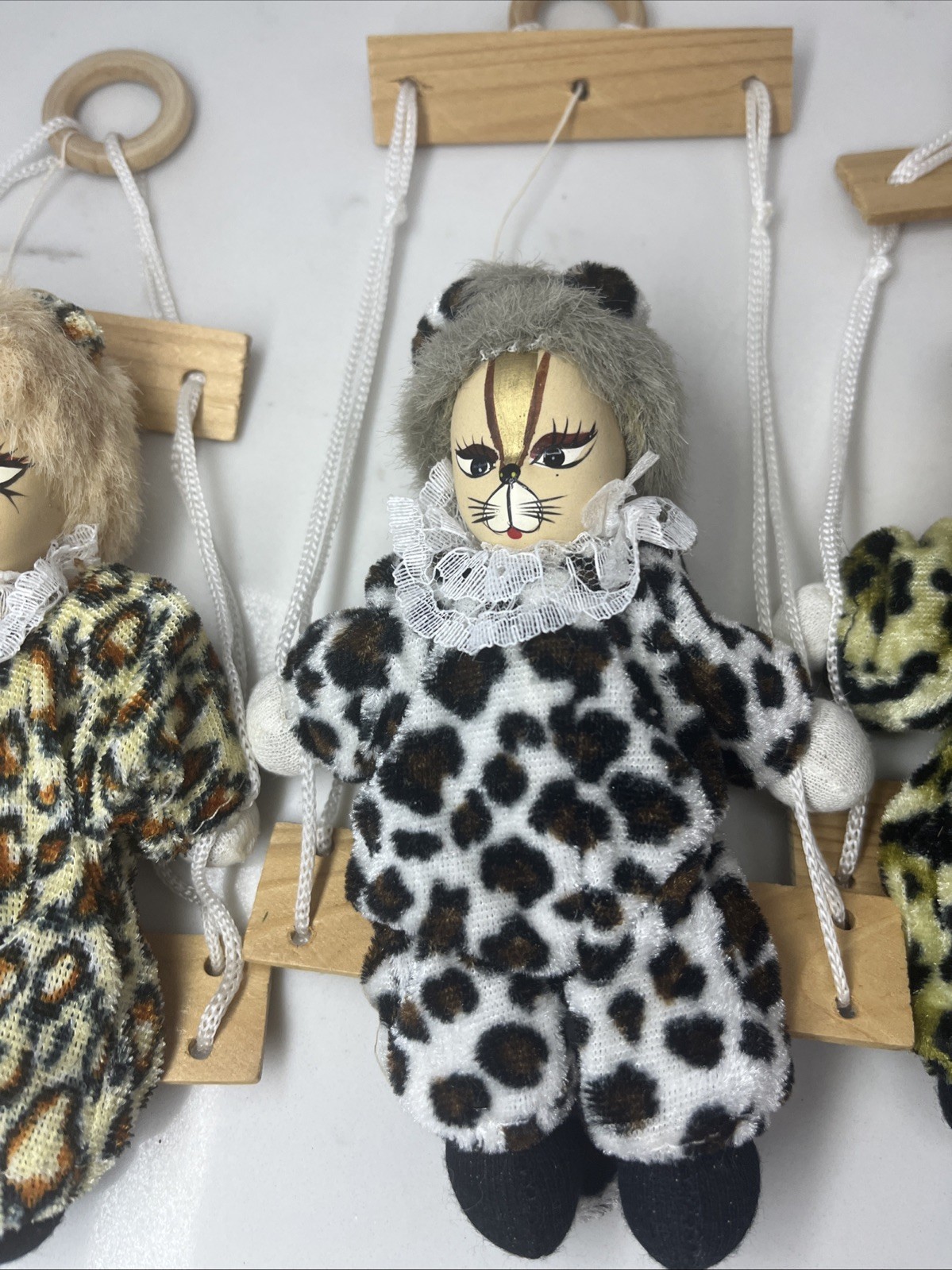 Vintage Porcelain Head Cat Doll Figure Animal Print Circus Trapeze Hanging