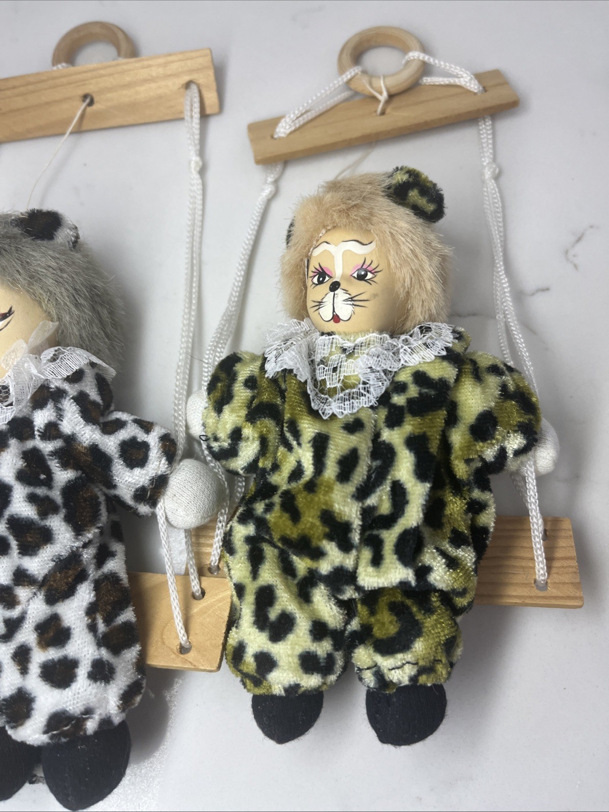 Vintage Porcelain Head Cat Doll Figure Animal Print Circus Trapeze Hanging
