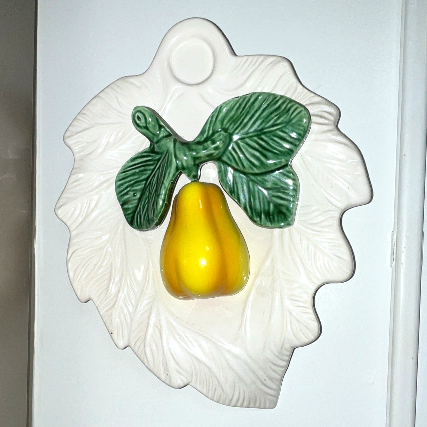Portugal Ceramic Pear Wall Plaque Wall Mounted Glossy White Green Yellow