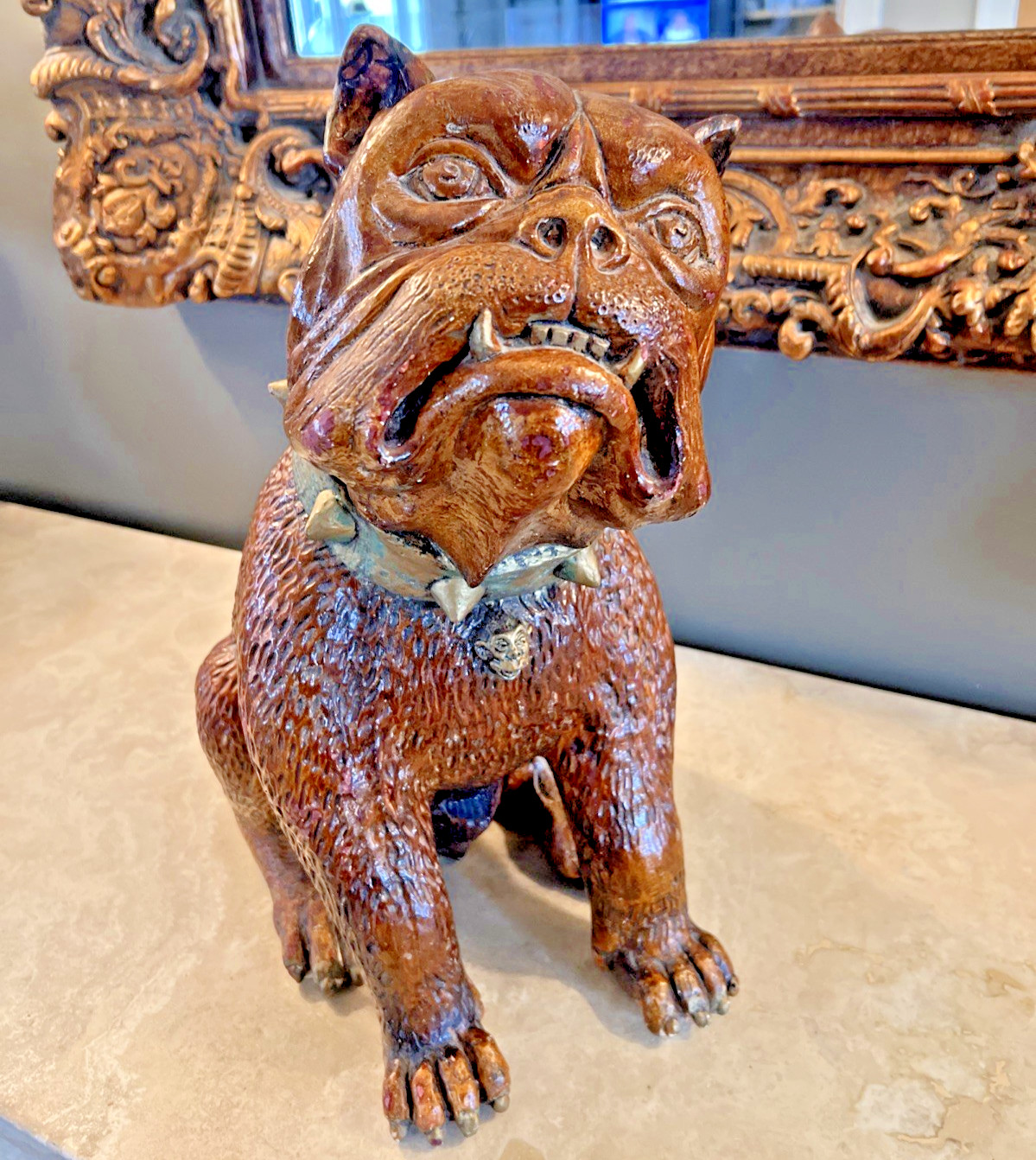 ATQ. EARLY 20TH CENTURY RSG CHALKWARE BULLDOG LIFESIZE w/ MONKEY COLLAR / RARE!