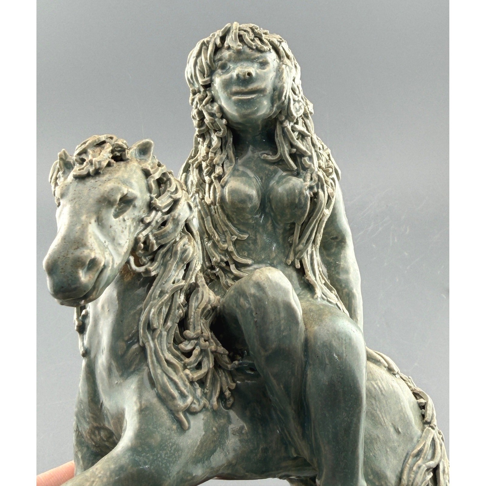 Vintage Ceramic Figure Nude Woman Riding Horse Sculpture Artist Signed 5.5in