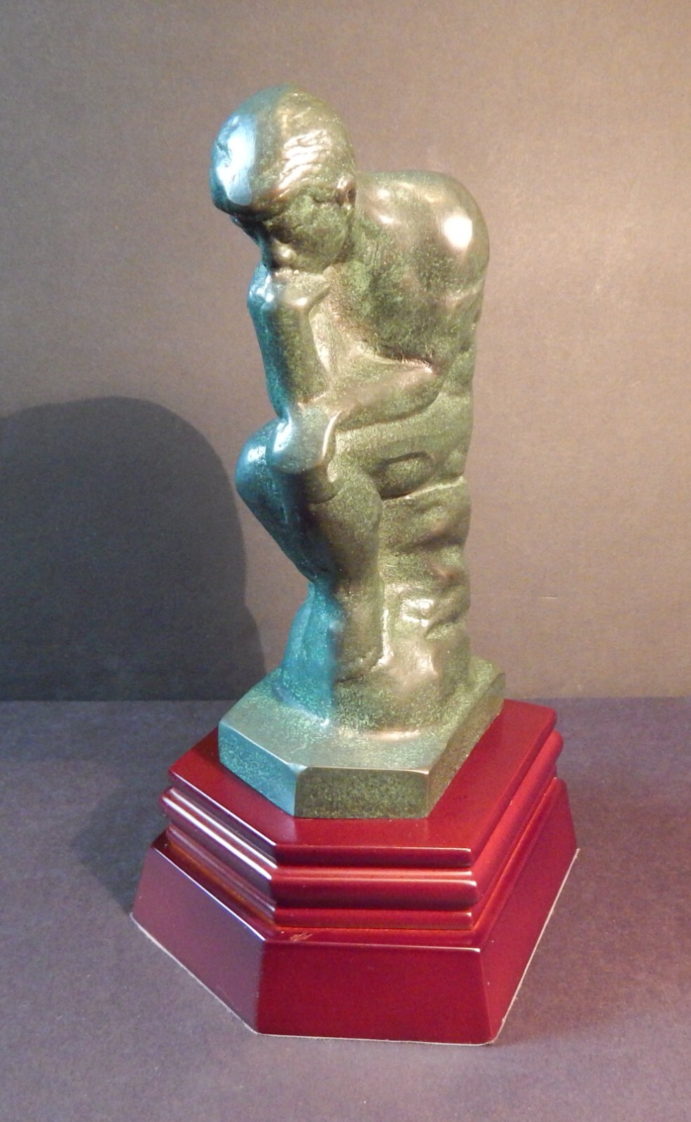Vintage Statue of Thinking Man a la Rodin on Wooden Pedestal