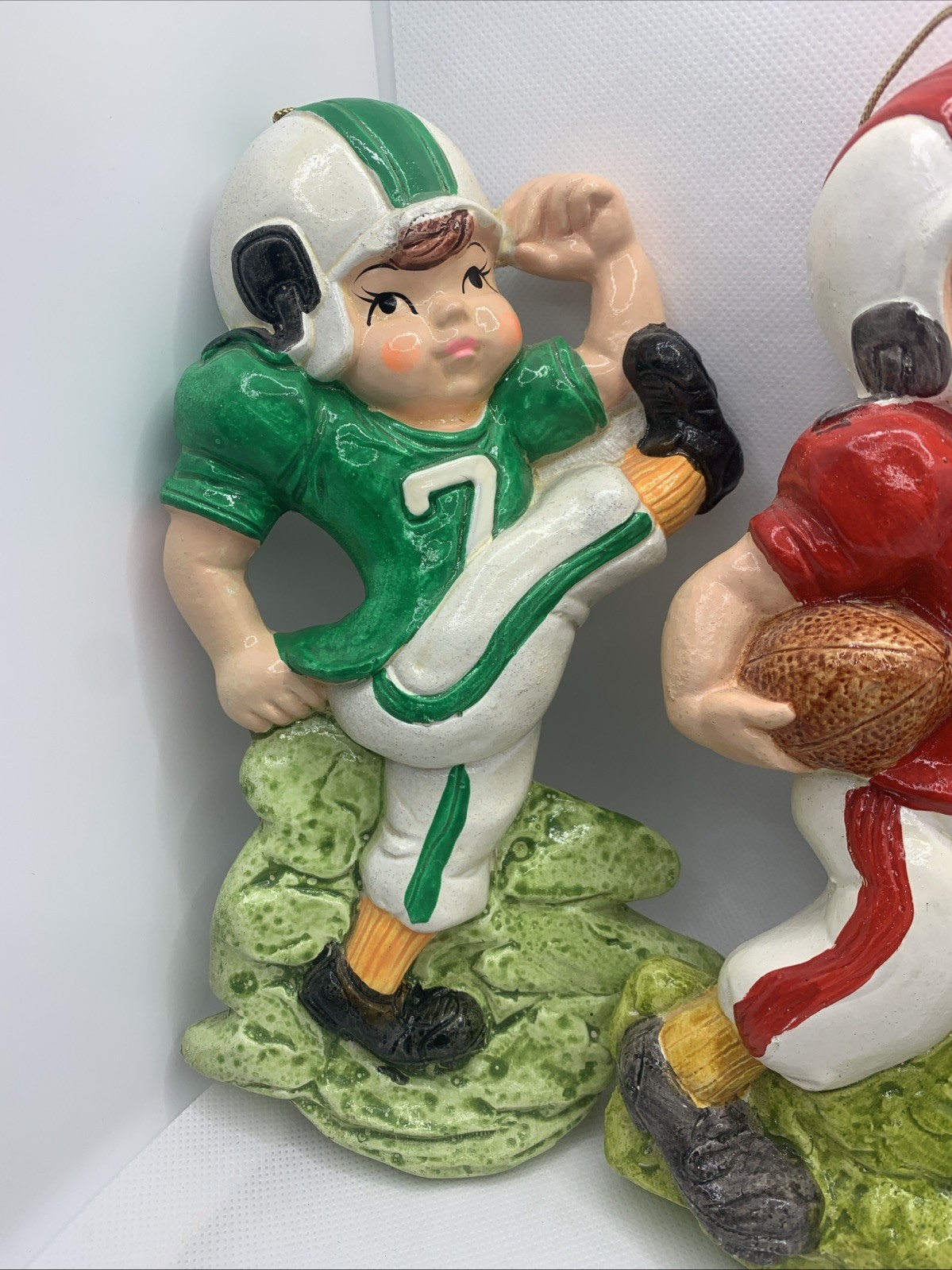 Vintage 1973 CHALKWARE Football Player Set of 3 Blue Green & Red JAPAN 9”